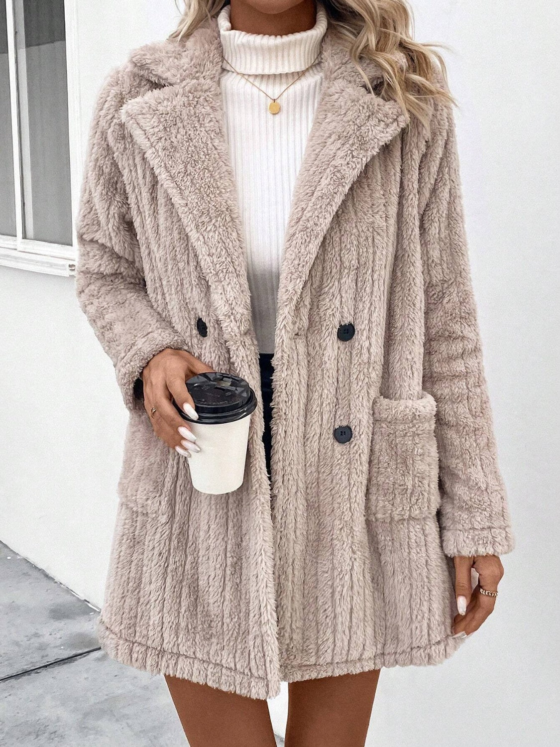 Fuzzy Button Up Long Sleeve Coat with Pockets - Body By J'ne