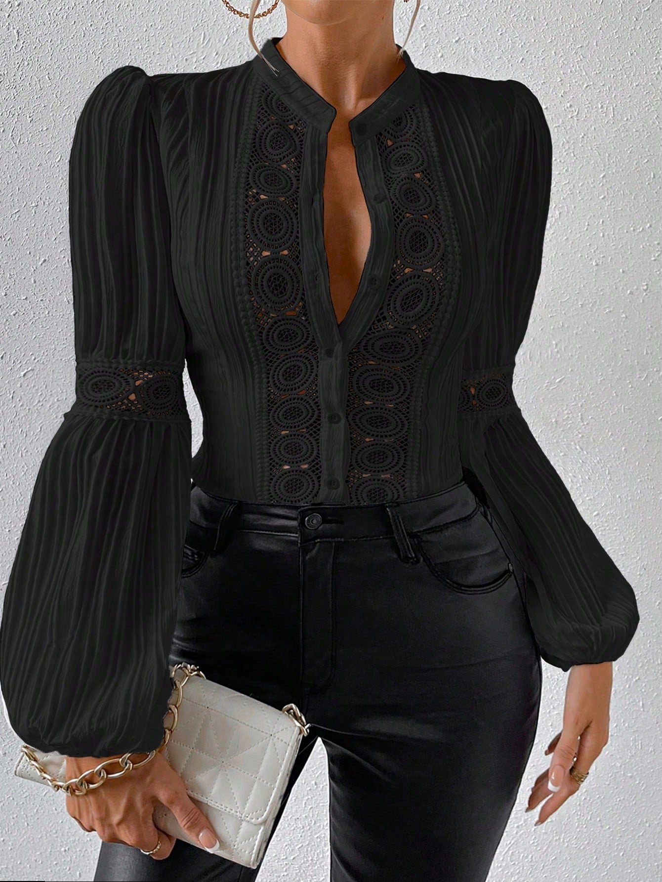 Lace Insert Lantern Sleeve Blouse - Body By J'ne