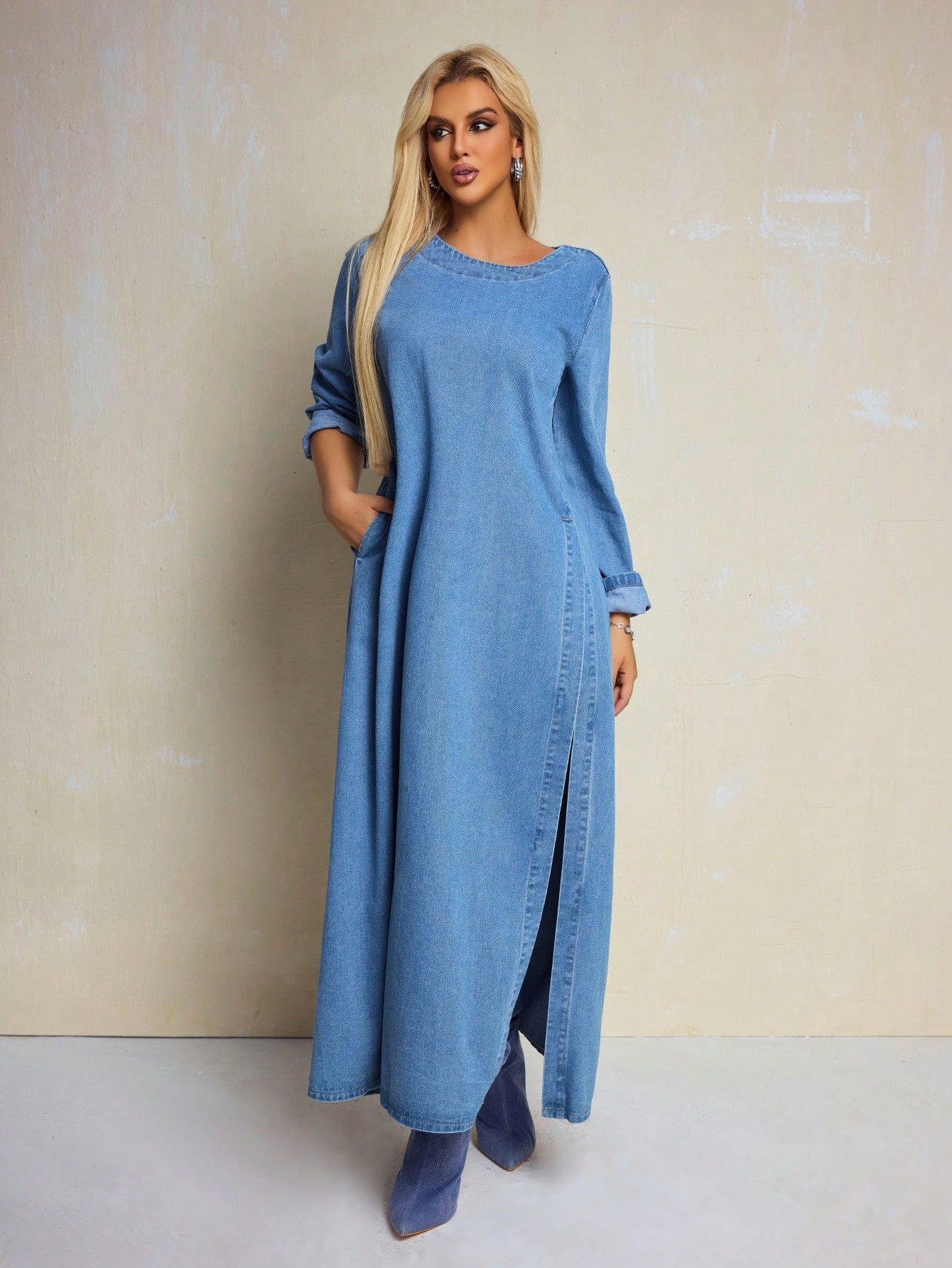 Round Neck Side Slit Denim Dress - Body By J'ne