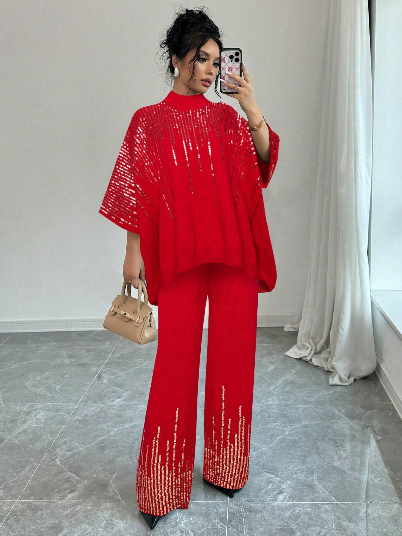 Sequin Patchwork Batwing Sleeve Sweater And Knitted Pants Set - Body By J'ne