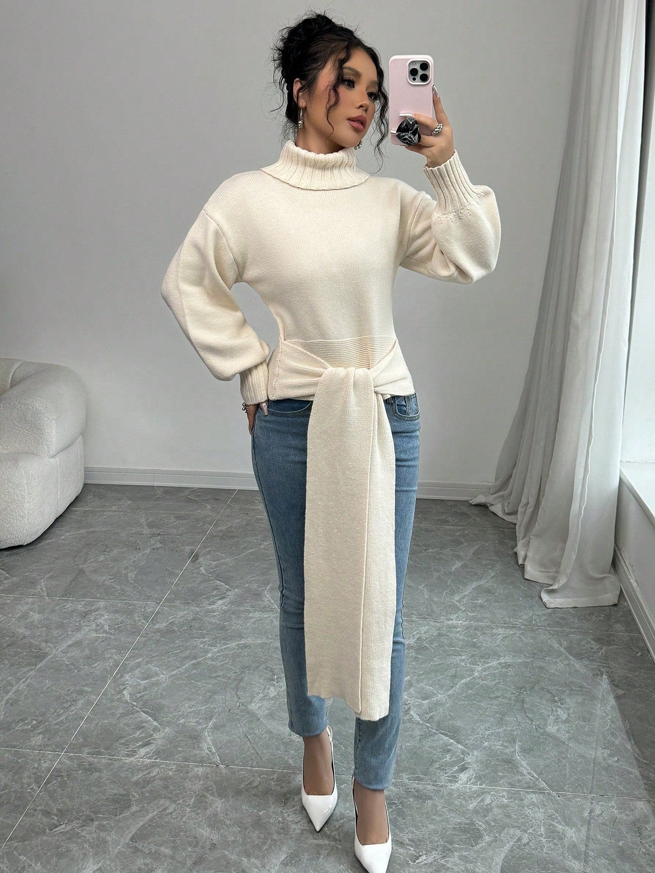 High Neck Bow Tie Pullover Sweater - Body By J'ne