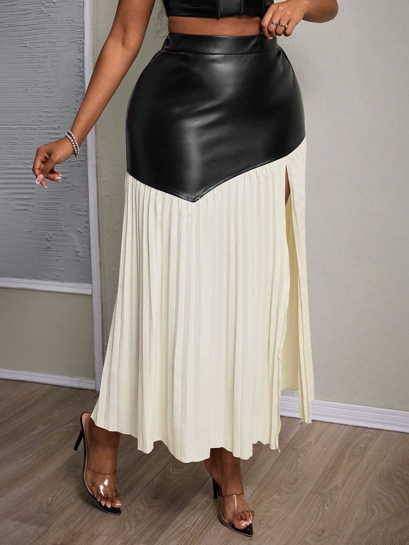 PU Asymmetrical Pleated High Slit Skirt - Body By J'ne