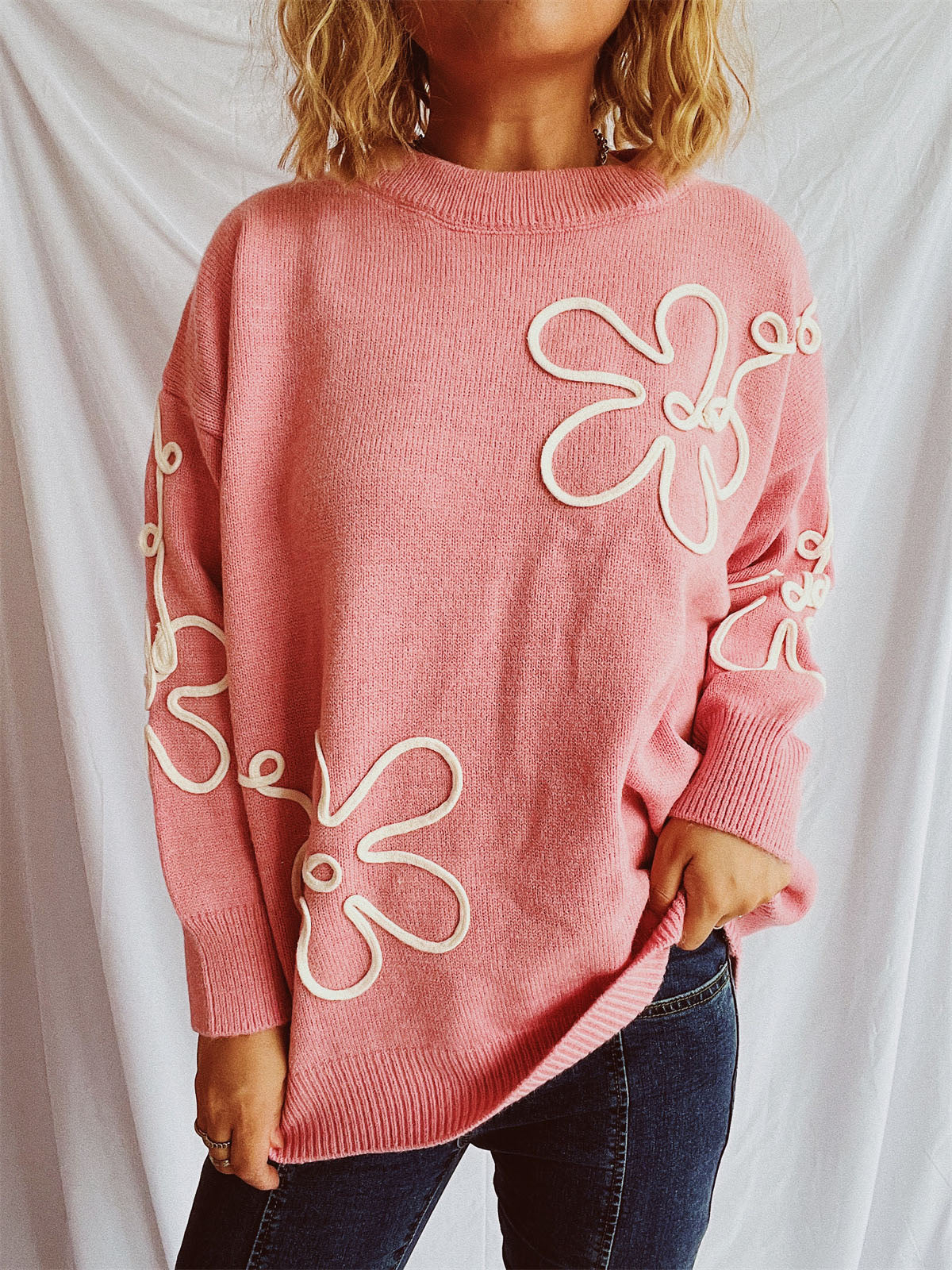 Flower Round Neck Long Sleeve Sweater - Body By J'ne