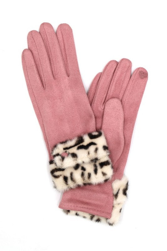 Leopard Printed Fur Trim Sueded Smart Gloves - Body By J'ne