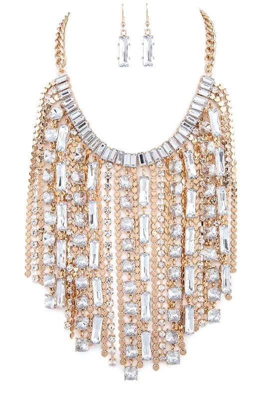 Crystal Fringe Chain Statement Necklace Set - Body By J'ne