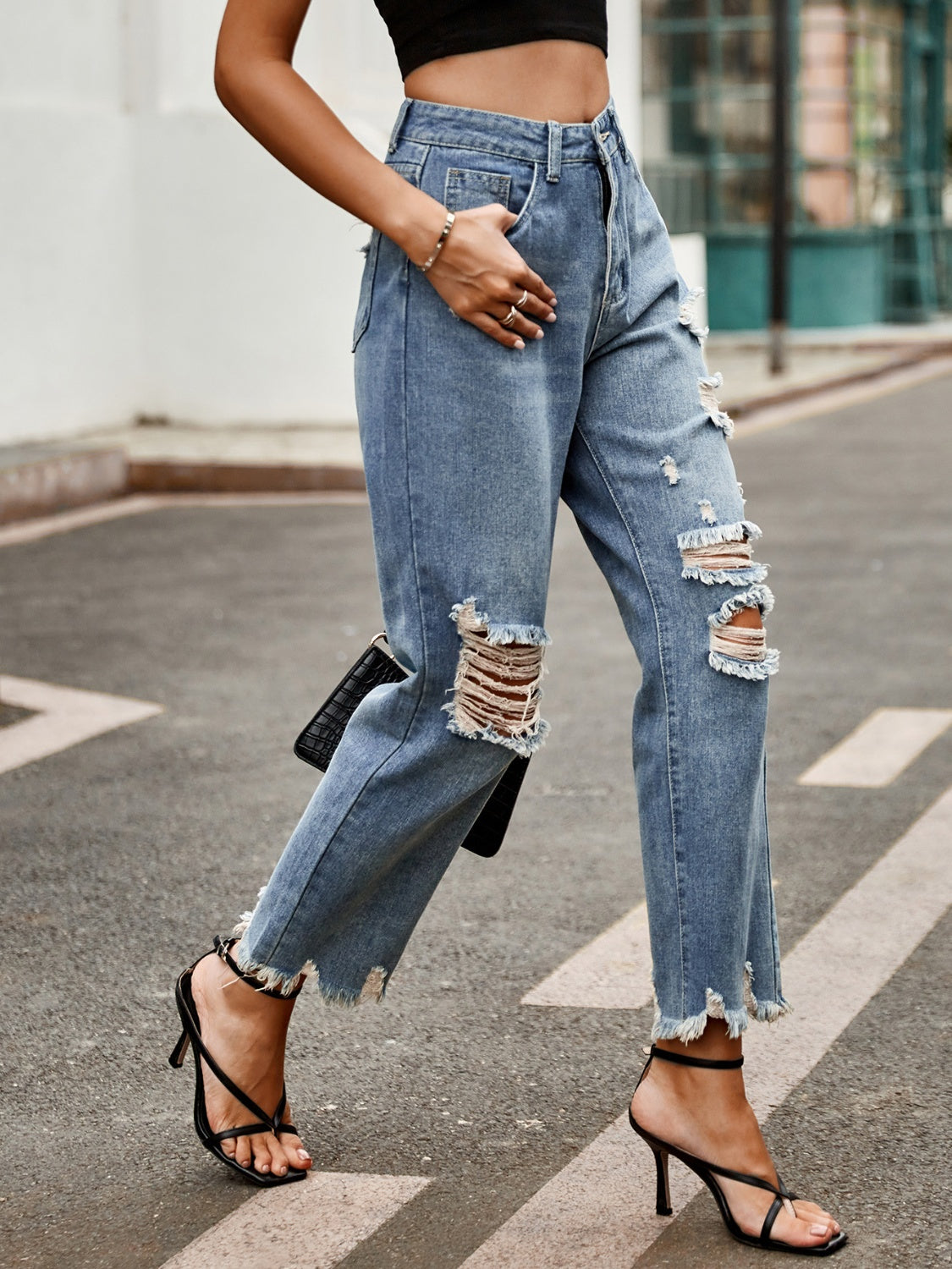 Distressed Raw Hem Jeans with Pockets - Body By J'ne