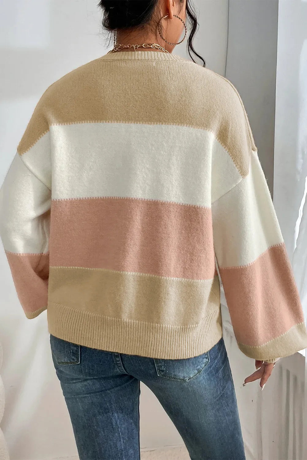 Color Block Round Neck Lantern Sleeve Sweater - Body By J'ne