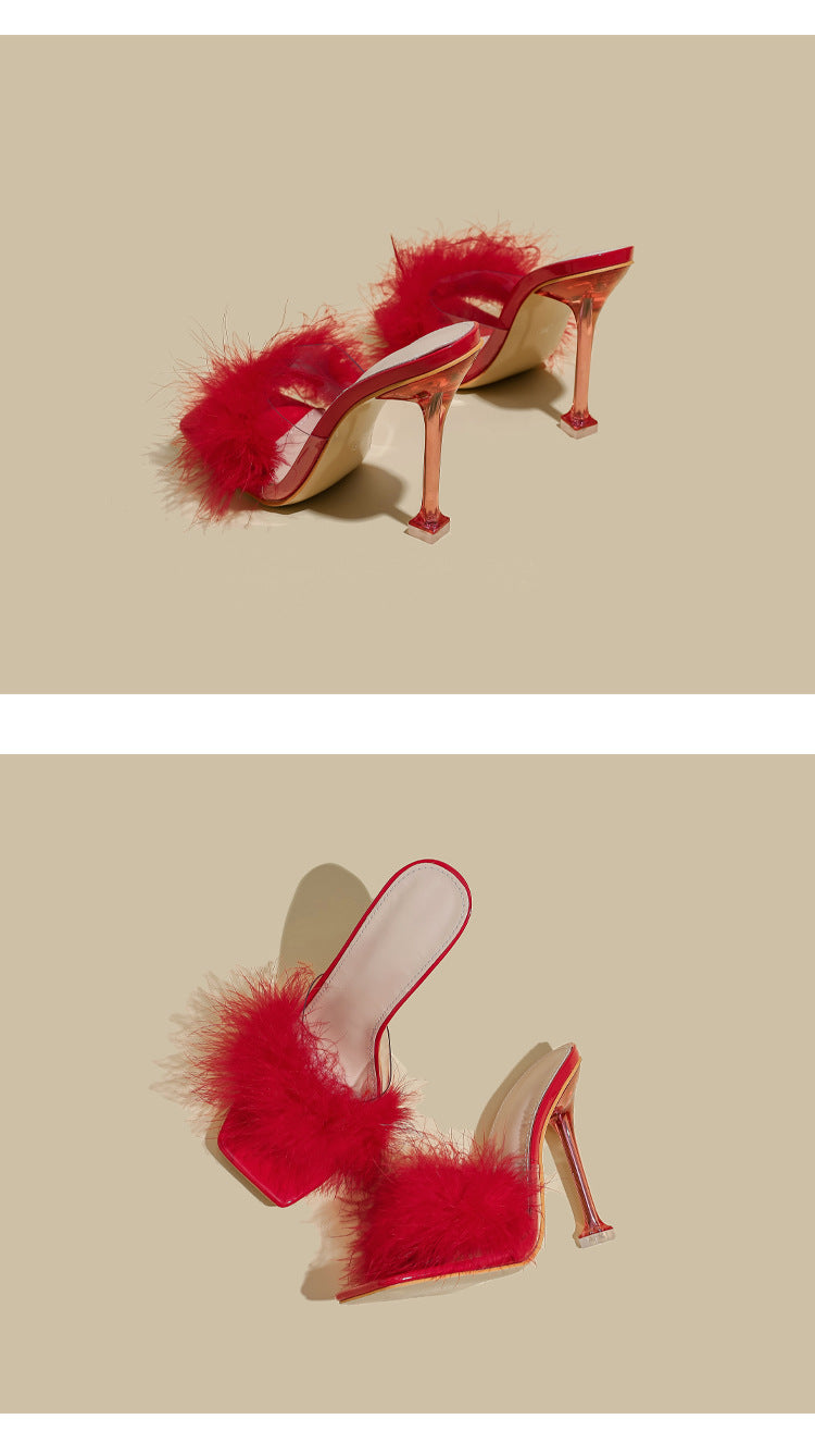 Furry Transparent Broadband Crystal Heels - Body By J'ne