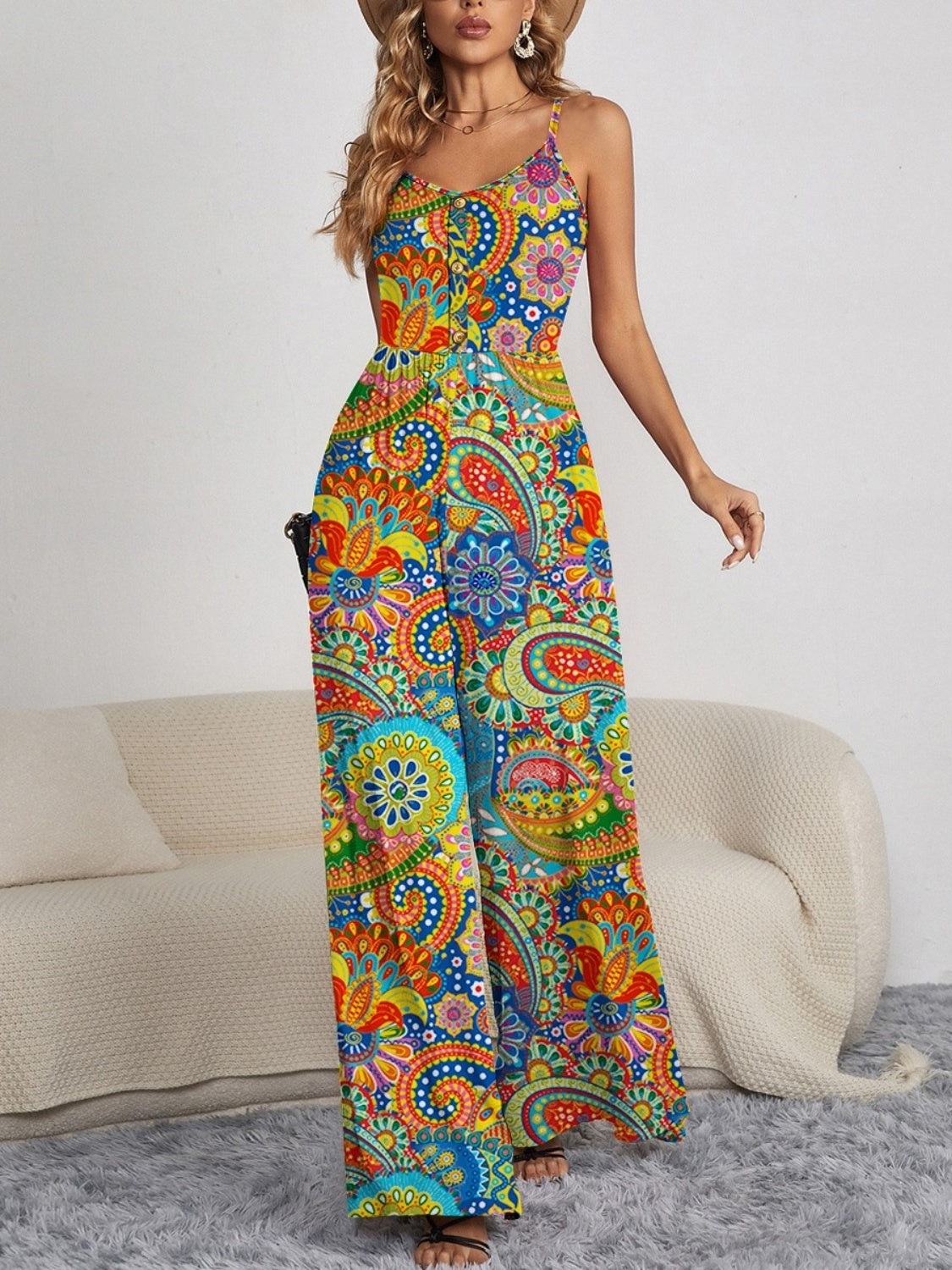 Decorative Button Spaghetti Strap Wide Leg Jumpsuit - Body By J'ne