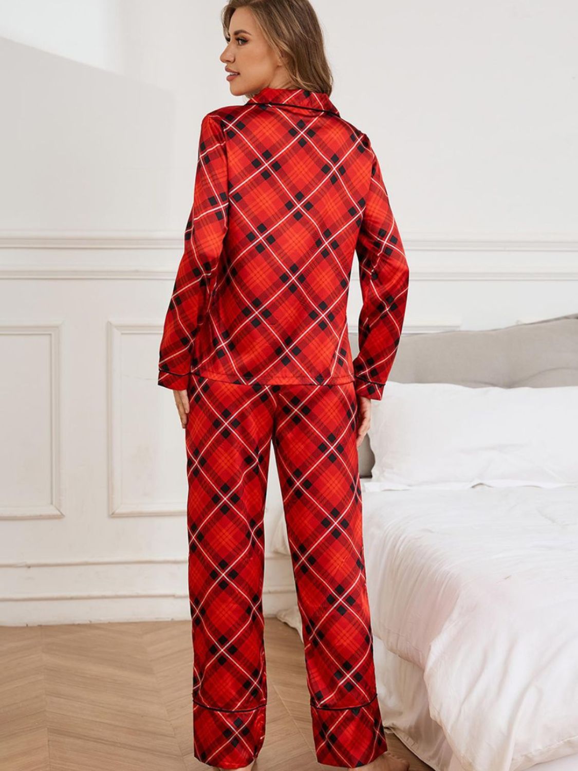 Plaid Button Up Long Sleeve Top and Pants Lounge Set - Body By J'ne