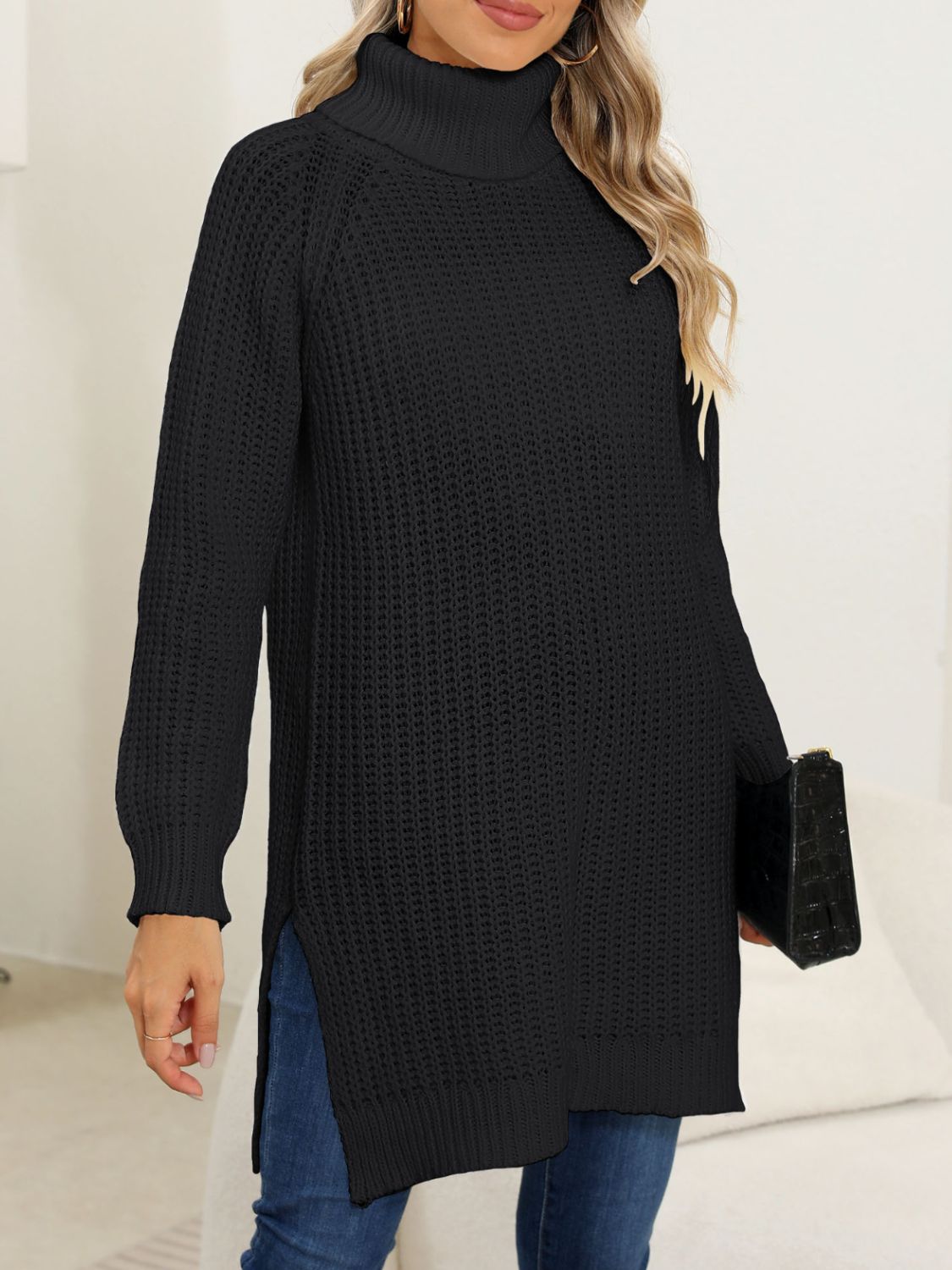 Slit Turtleneck Long Sleeve Sweater - Body By J'ne