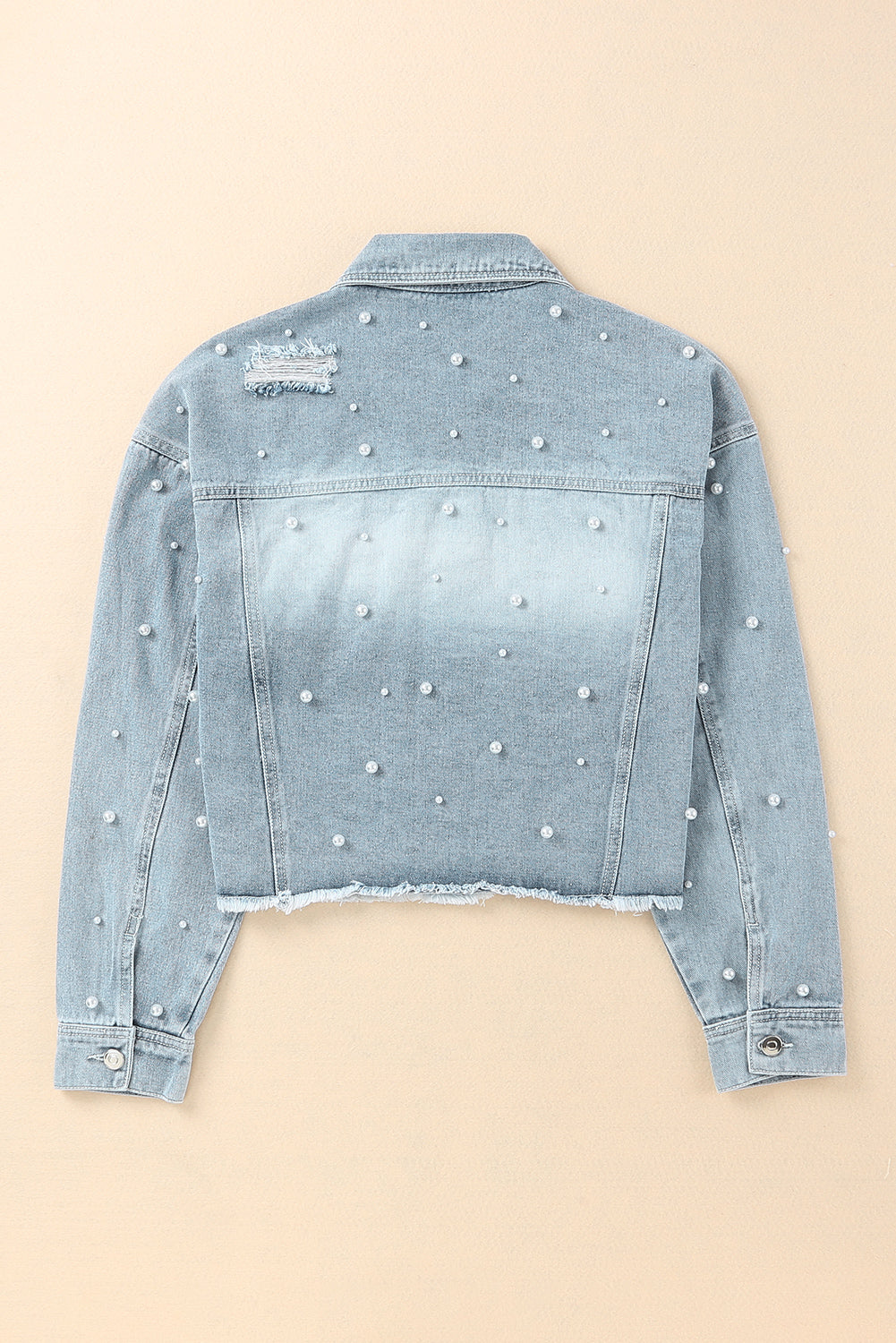 Distressed Pearl Trim Button Up Denim Jacket - Body By J'ne