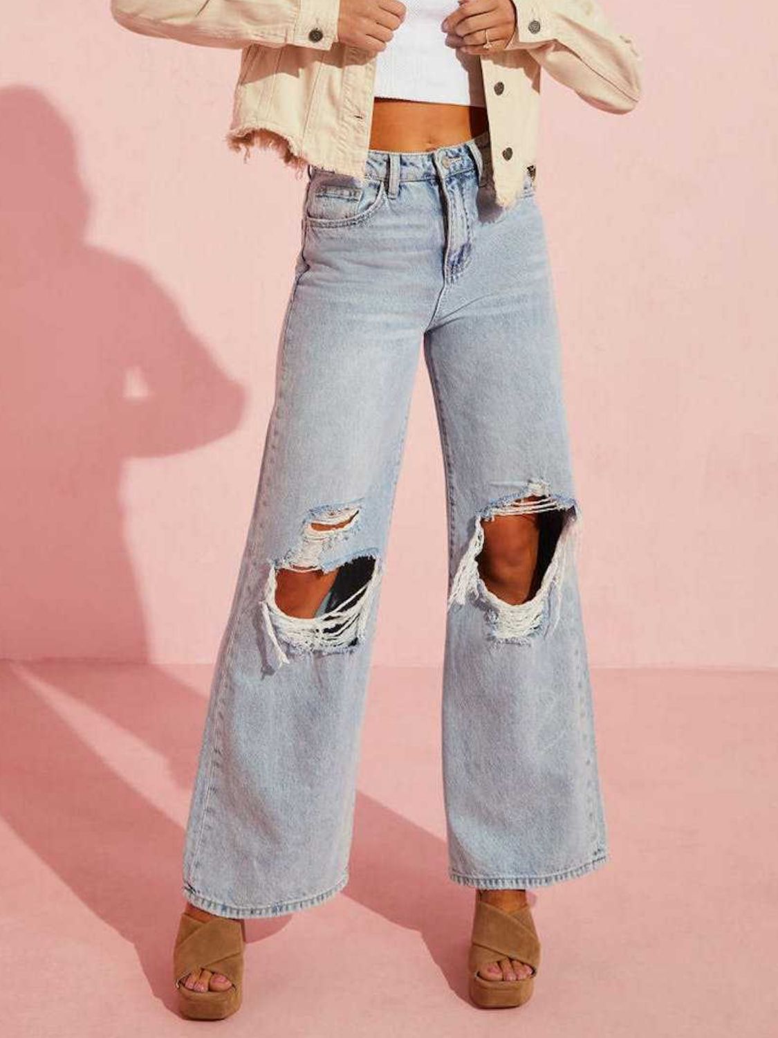 Distressed Wide Leg Jeans with Pockets - Body By J'ne