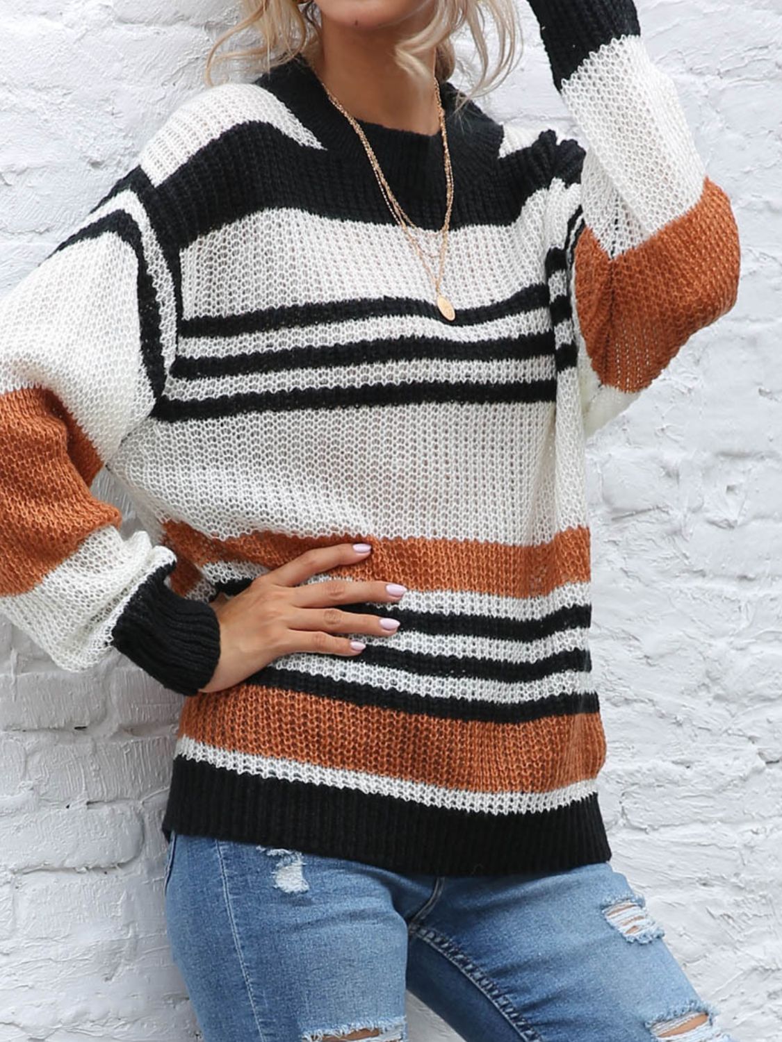Contrast Striped Round Neck Long Sleeve Sweater - Body By J'ne
