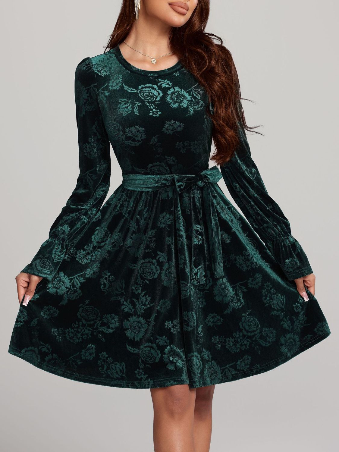 Tied Flower Print Round Neck Flounce Sleeve Dress - Body By J'ne