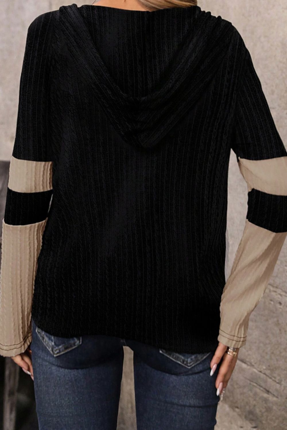 Drawstring Quarter Zip Contrast Long Sleeve Hoodie - Body By J'ne