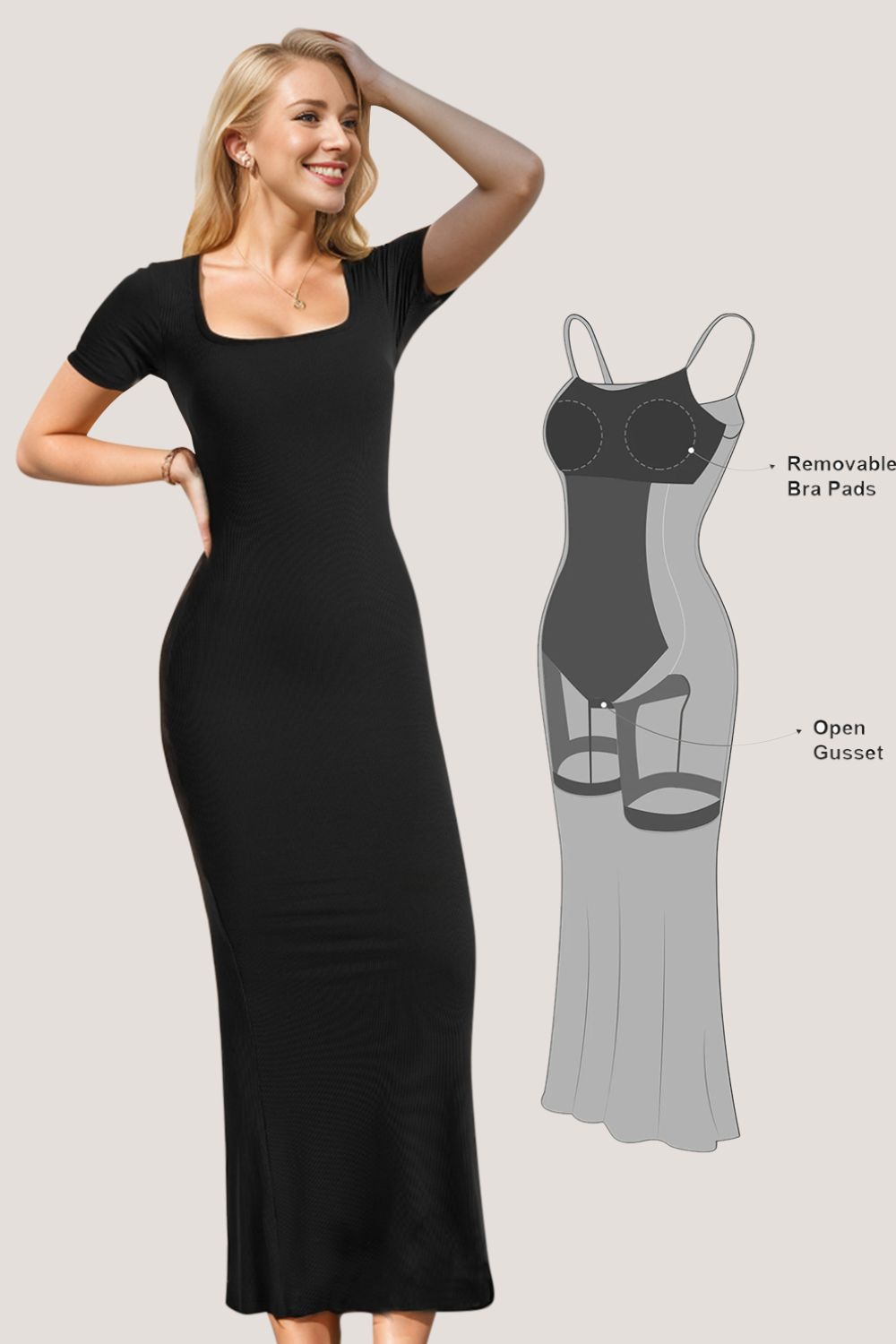 Built-In Shapewear Square Neck Short Sleeve Maxi Dress – Body By J'ne