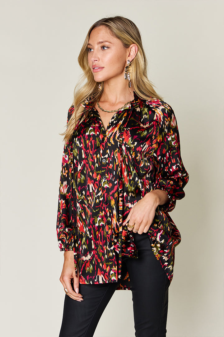 Full Size Printed Button Up Long Sleeve Shirt - Body By J'ne