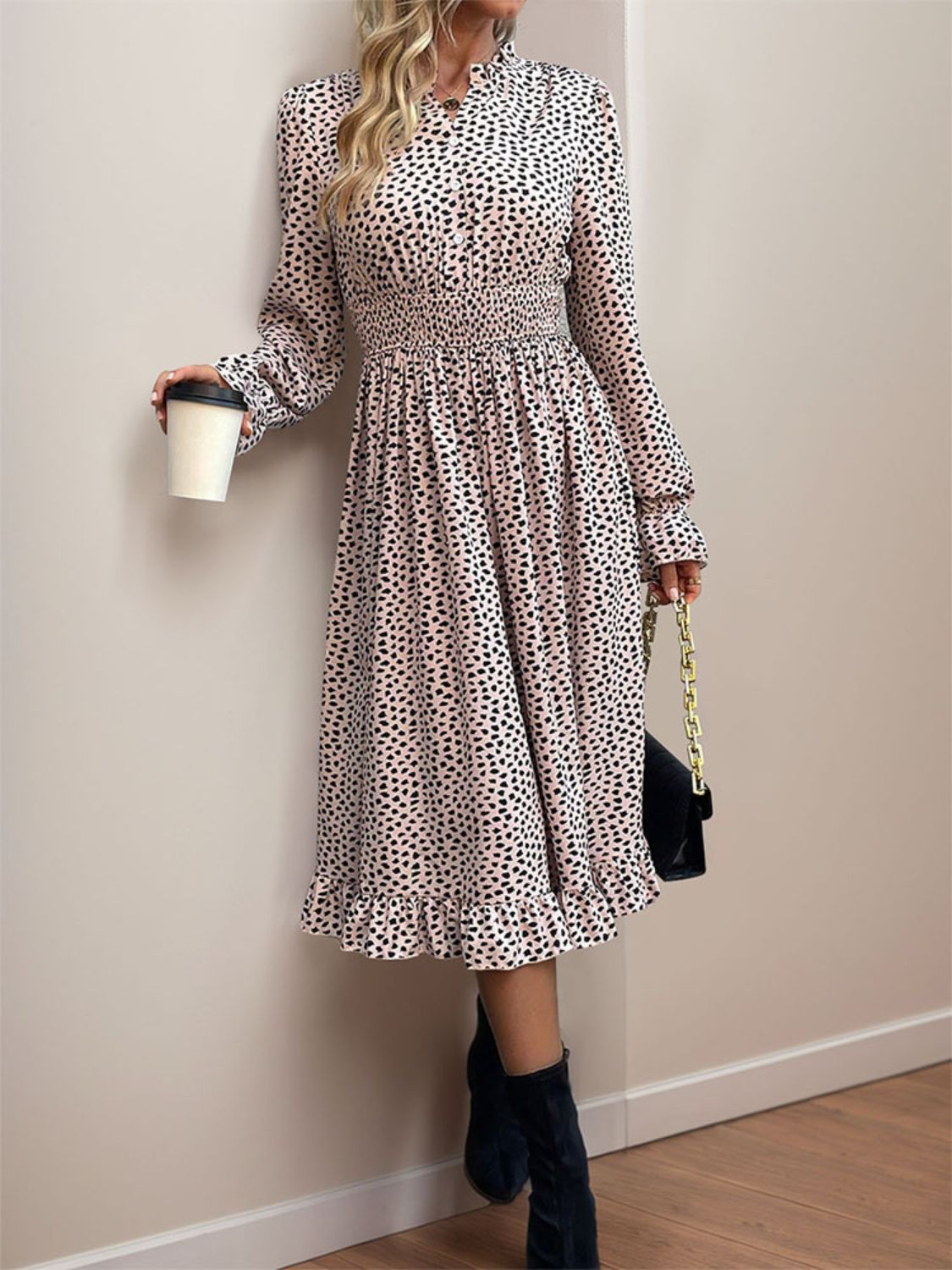Perfee Ruched Ruffled Leopard Long Sleeve Dress - Body By J'ne