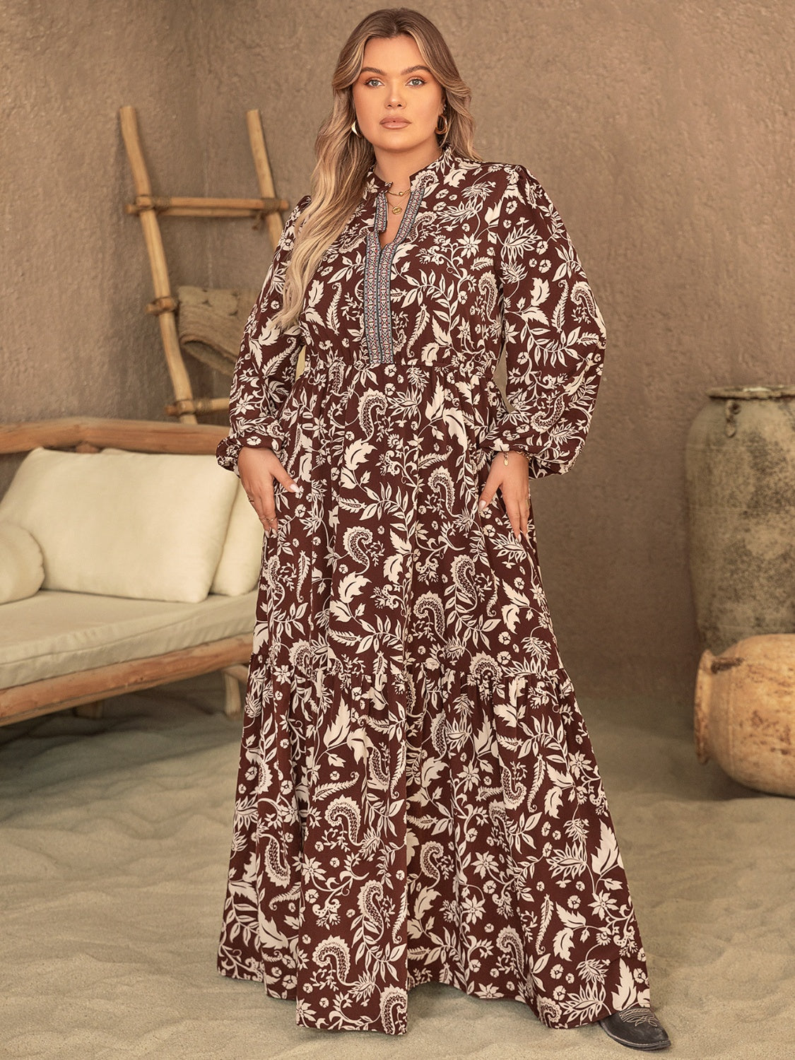 Plus Size Notched Balloon Sleeve Printed Maxi Dress - Body By J'ne