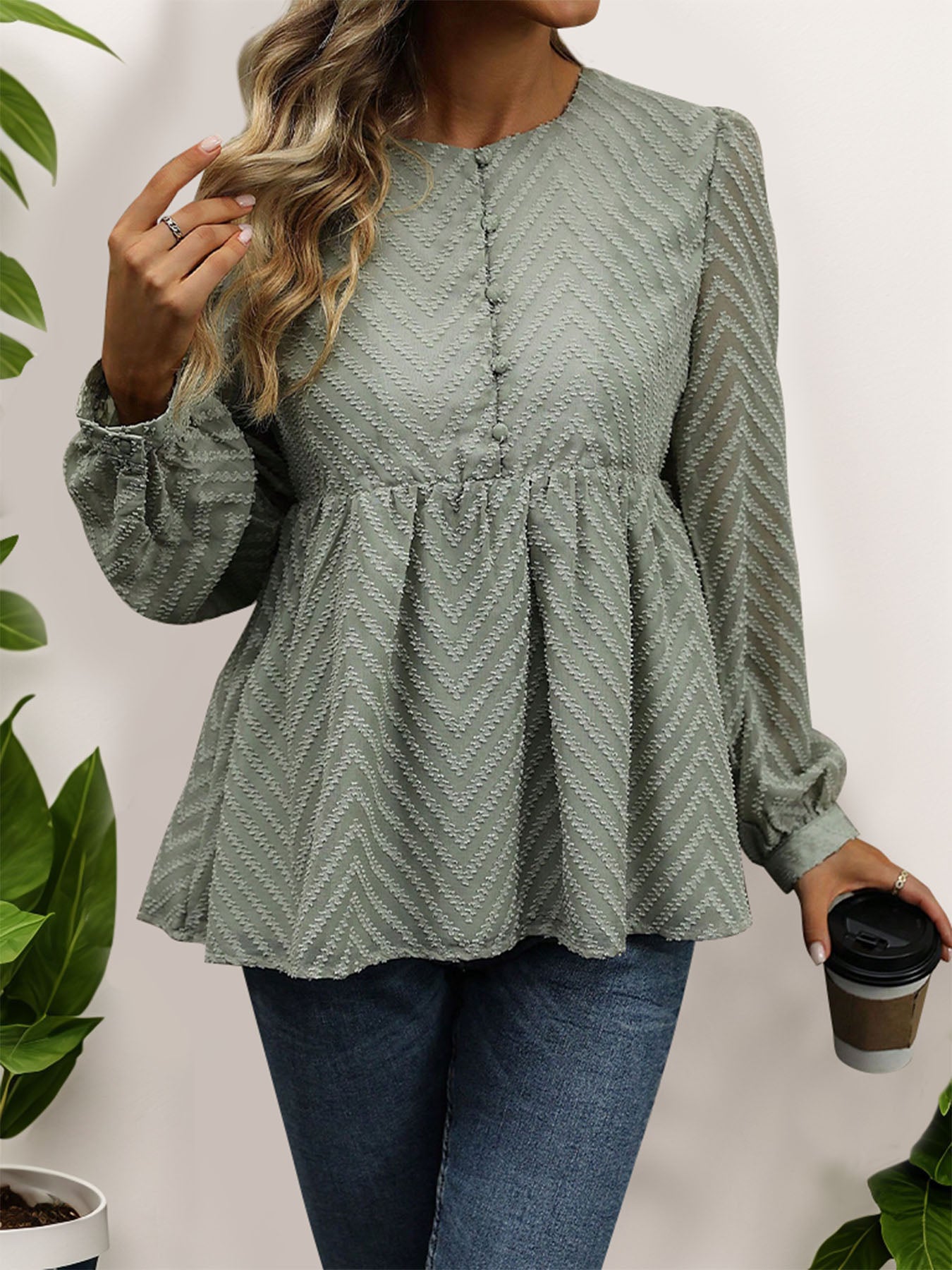 Perfee Peplum Round Neck Long Sleeve Blouse - Body By J'ne