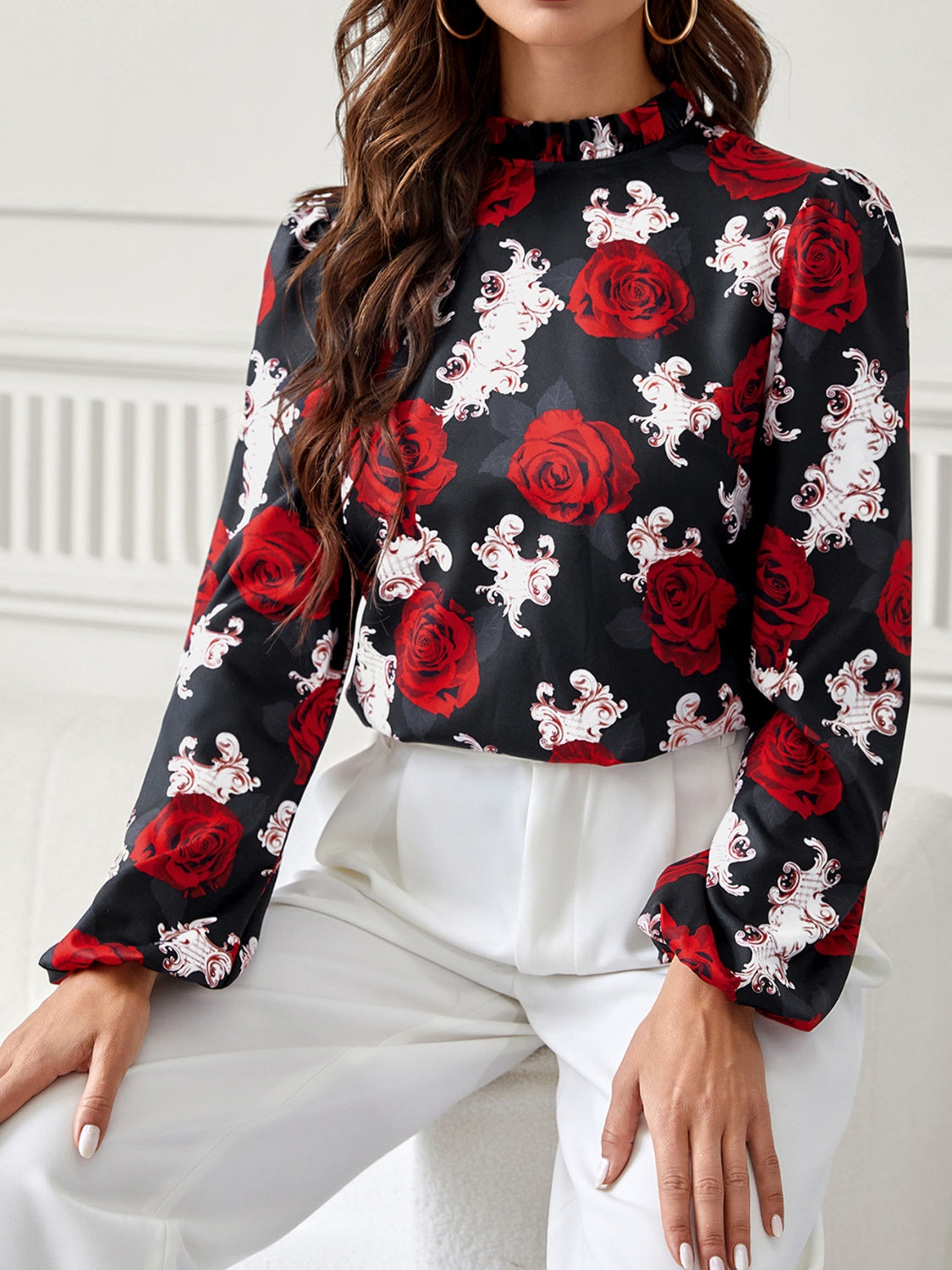 Frill Floral Mock Neck Long Sleeve Top - Body By J'ne