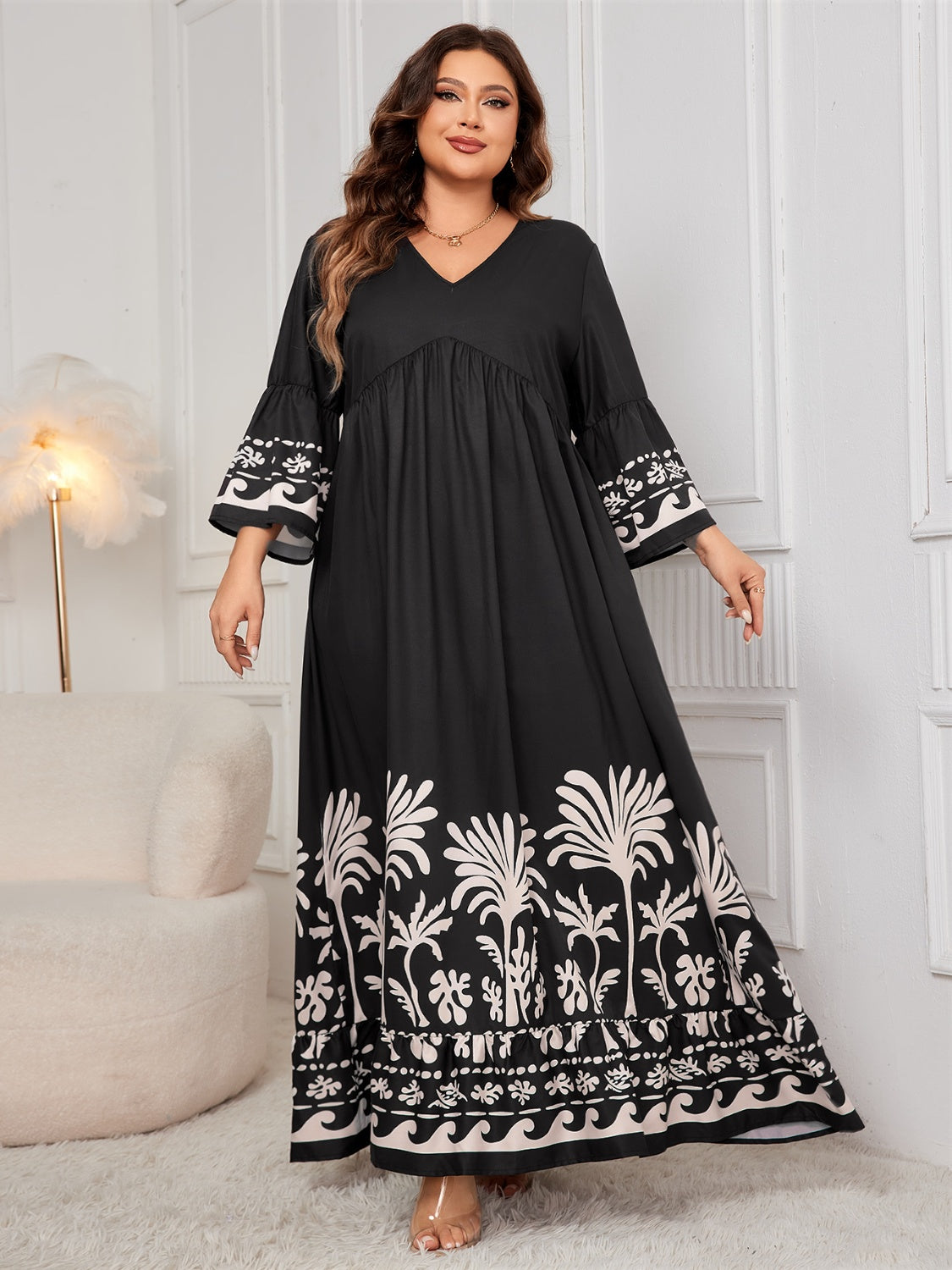 Plus Size Printed V-Neck Long Sleeve Maxi Dress - Body By J'ne