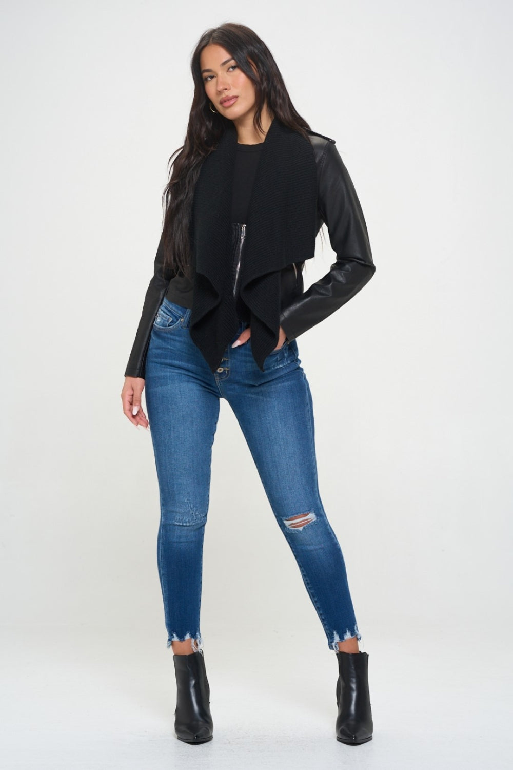 Knit Collared Faux Leather Crop Jacket - Body By J'ne