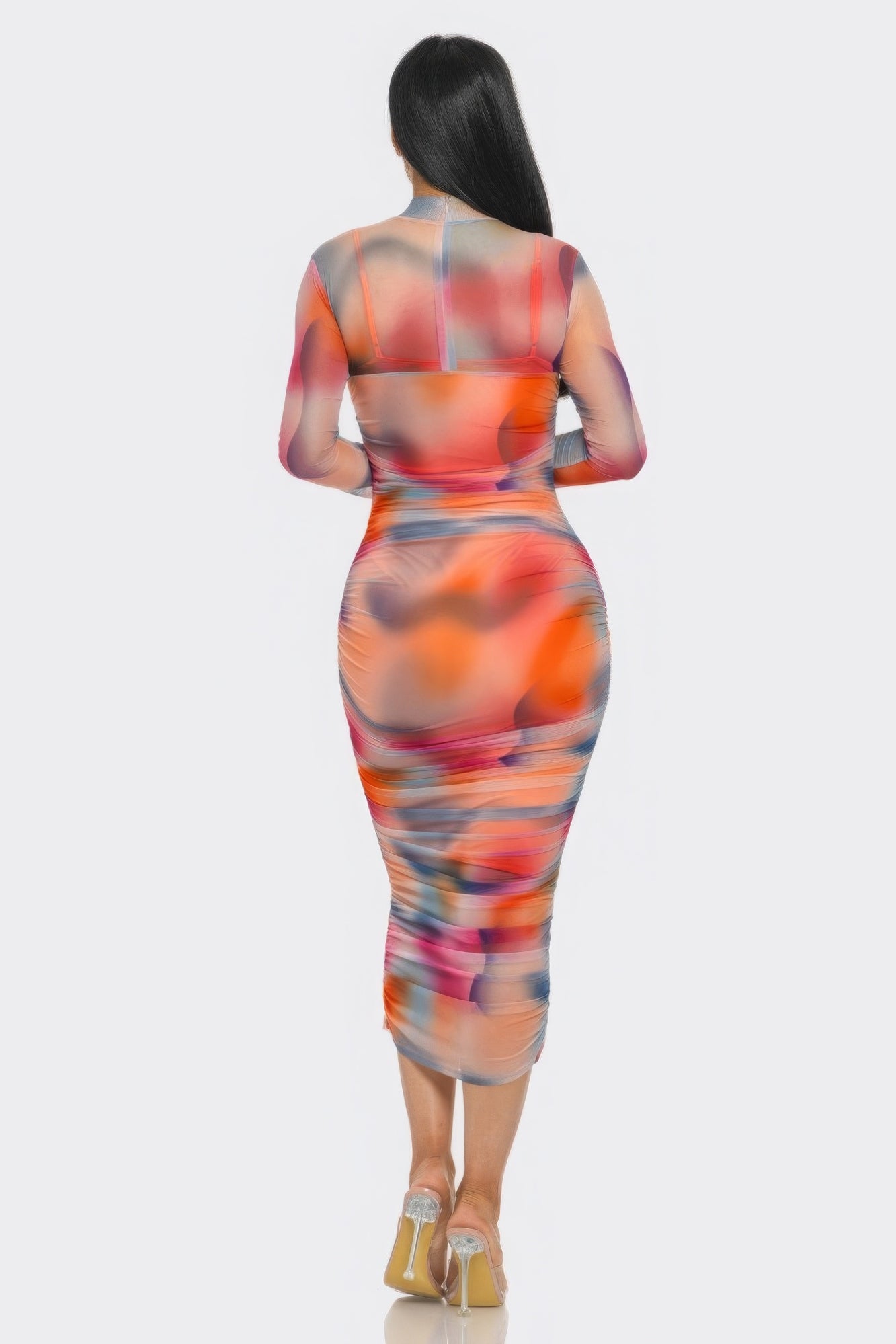 Summer Heat Print Mesh Ruched Midi Dress - Body By J'ne