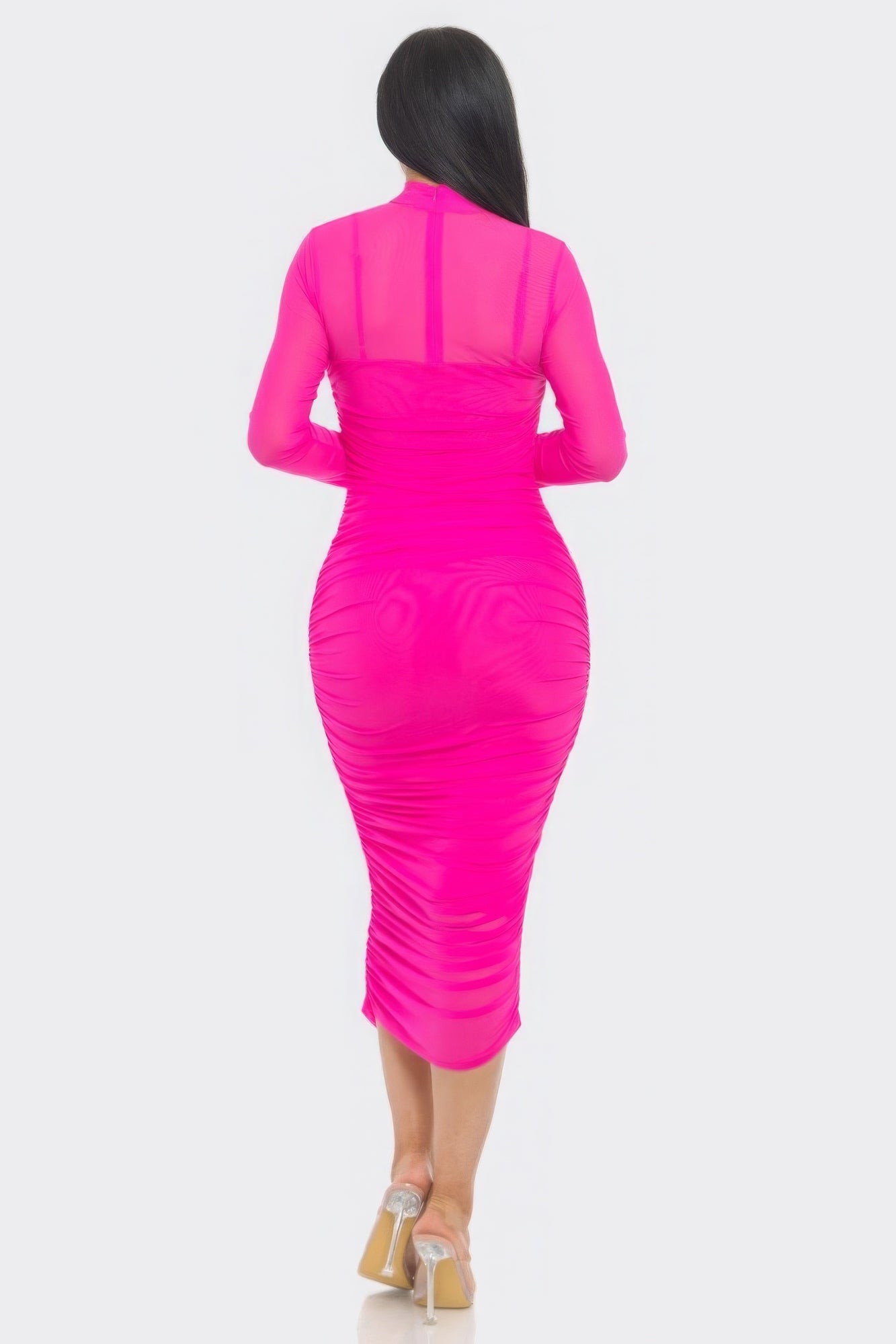 Solid Mesh Ruched Midi Dress - Body By J'ne