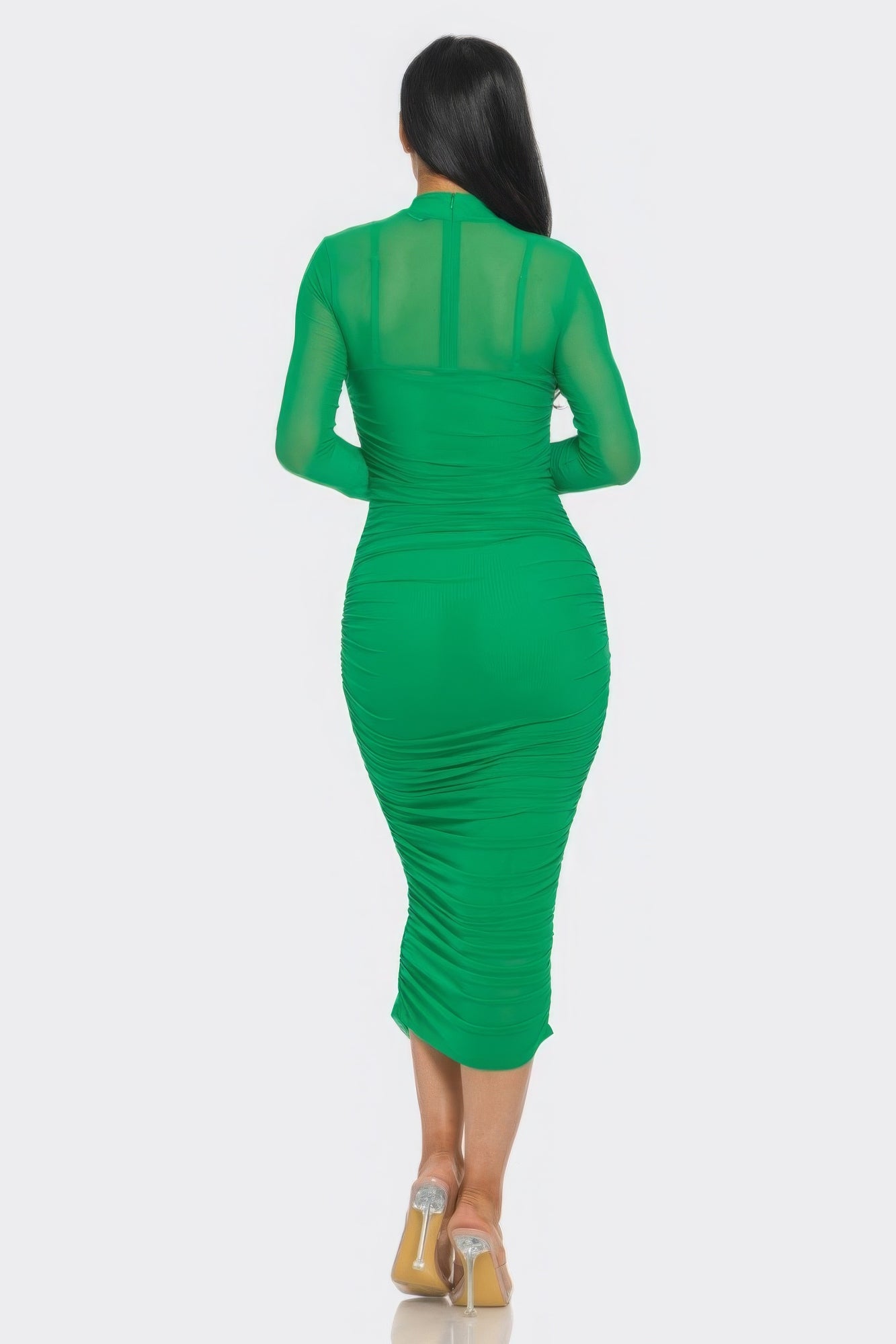 Solid Mesh Ruched Midi Dress - Body By J'ne