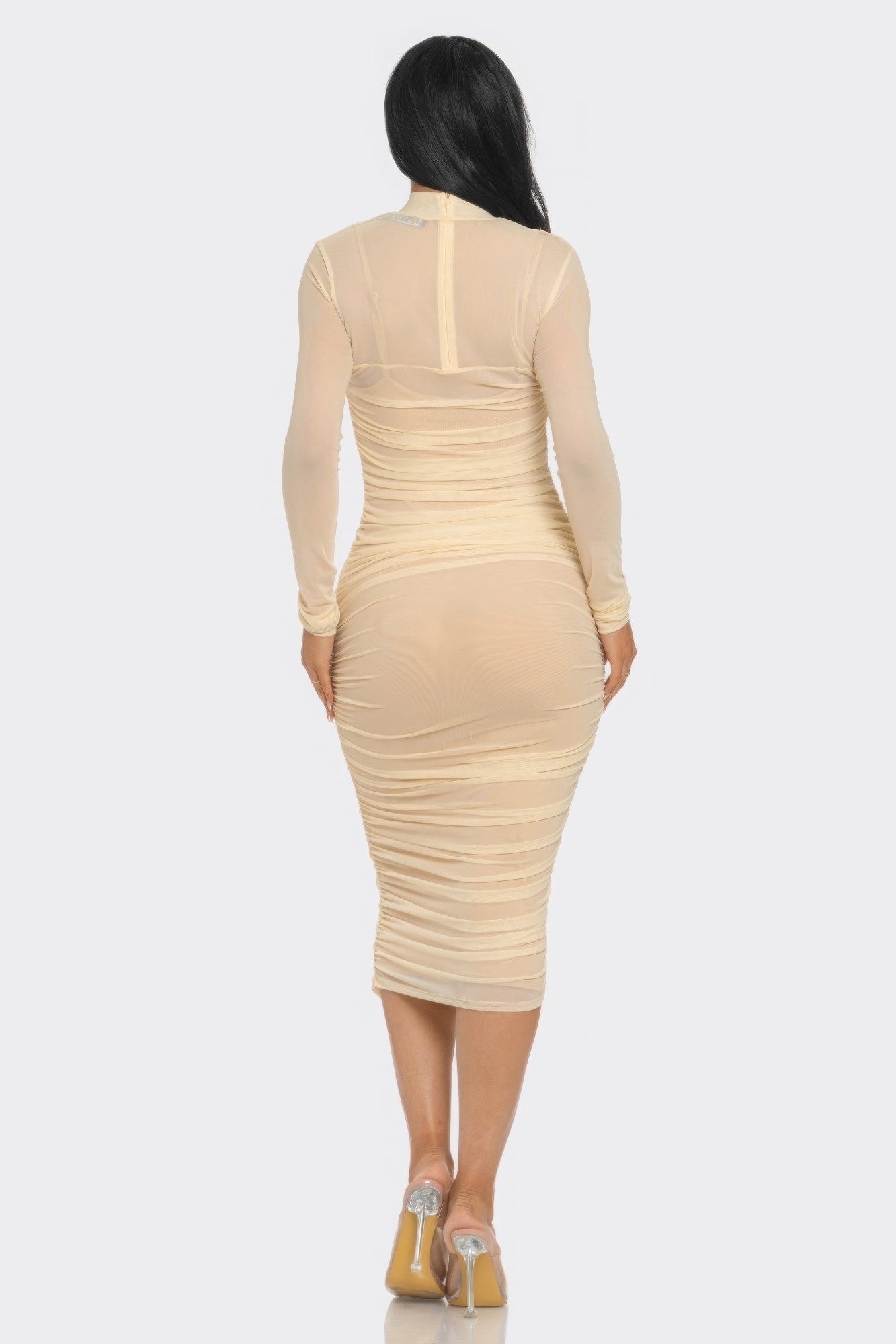 Solid Mesh Ruched Midi Dress - Body By J'ne