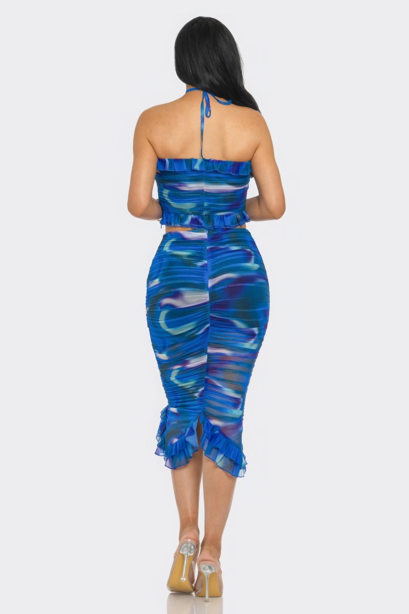 Tropical Waters Print Mesh Ruffle Halter Skirt Set - Body By J'ne