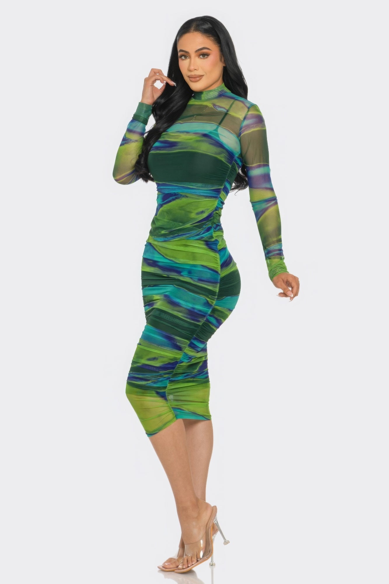 Glitch Print Mesh Ruched Midi Dress - Body By J'ne