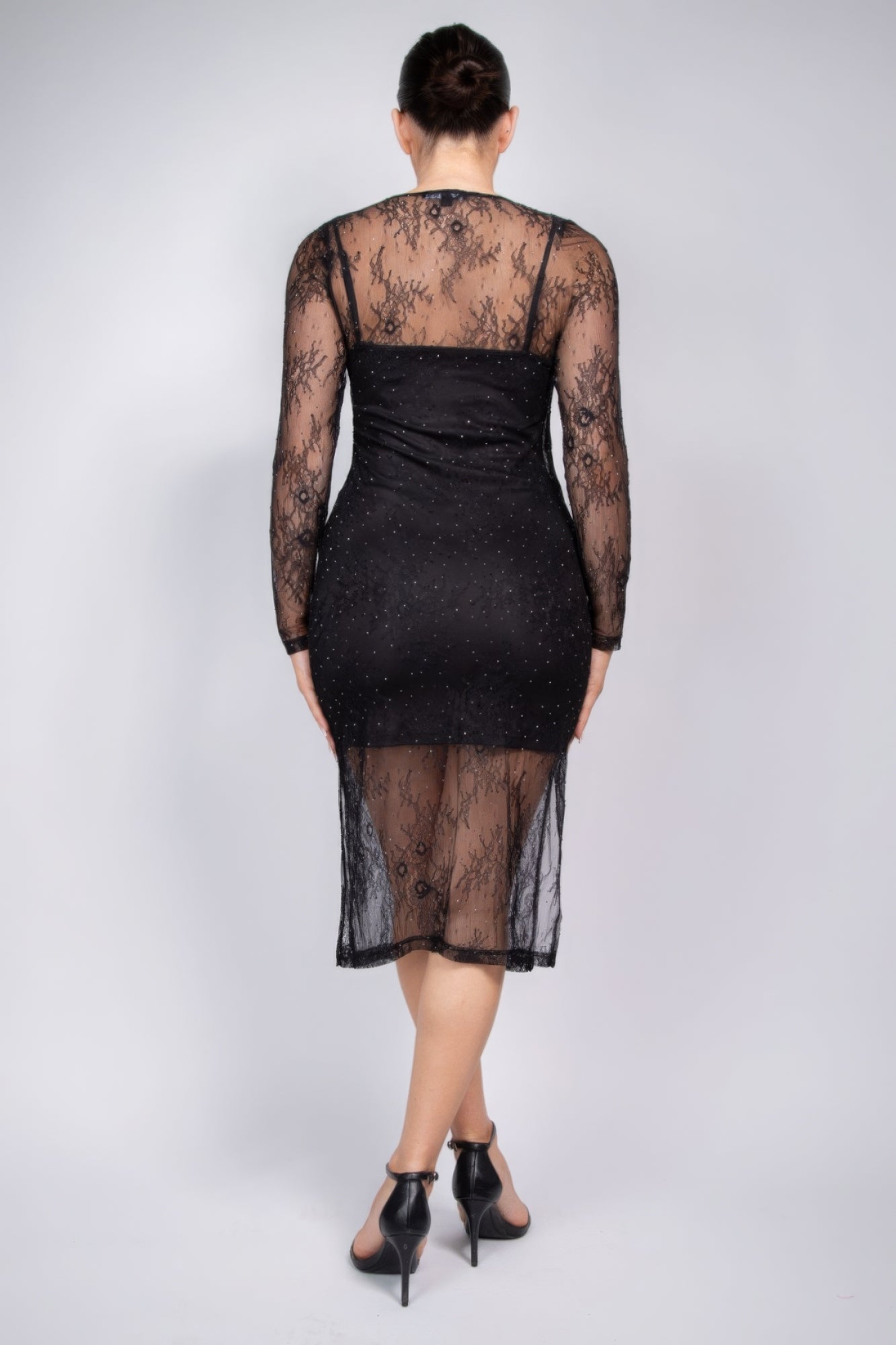 Lace Rhinestone-studded Slit Midi Dress - Body By J'ne