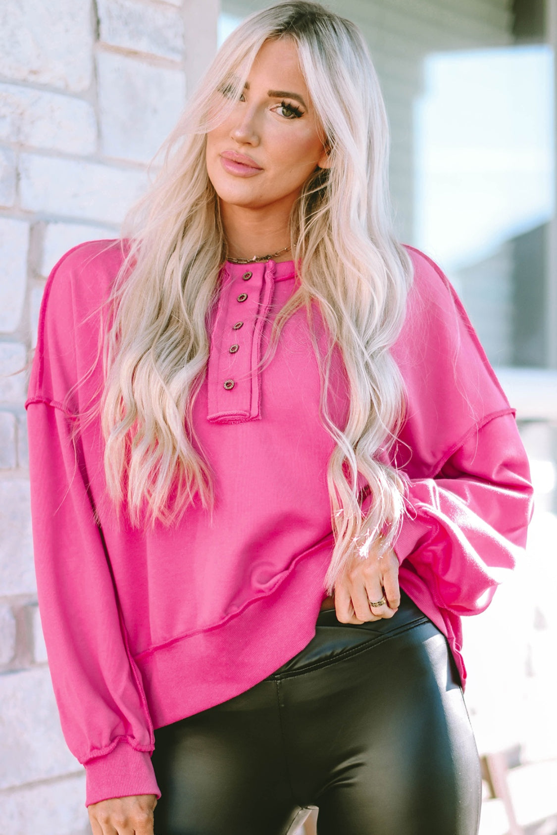 Exposed Seam Half Button Long Sleeve Sweatshirt - Body By J'ne