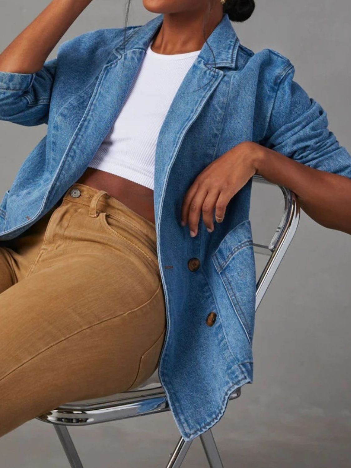 Pocketed Lapel Collar Long Sleeve Denim Jacket - Body By J'ne