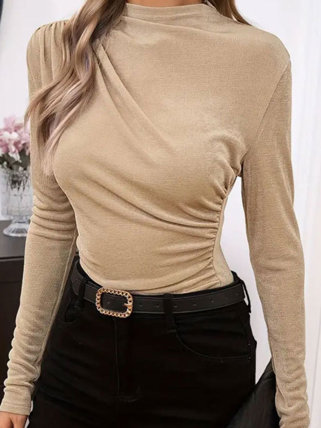 Ruched Mock Neck Long Sleeve T-Shirt - Body By J'ne