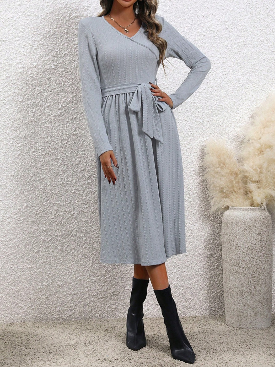Surplice Tie Waist Long Sleeve Midi Dress - Body By J'ne