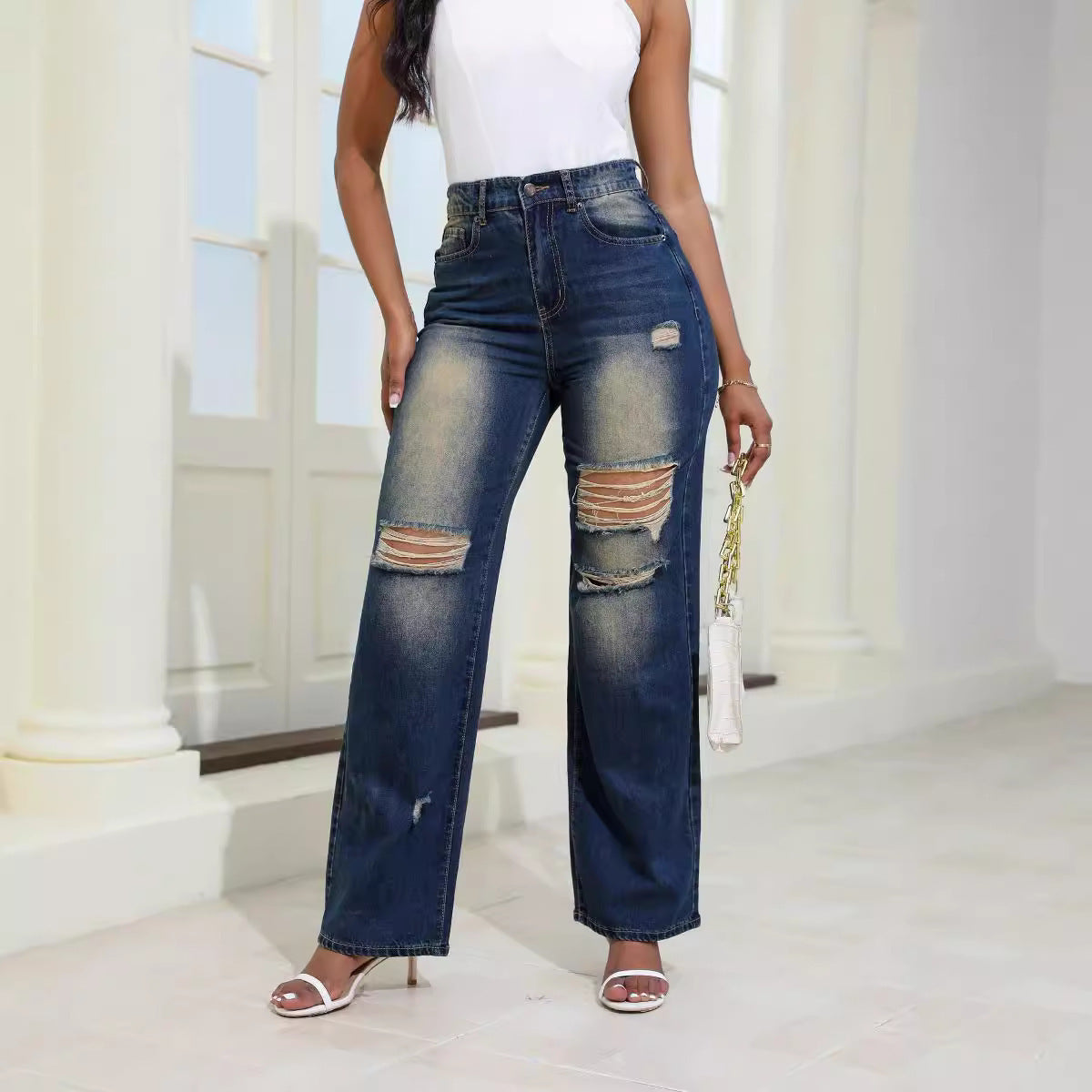 High Waist Ripped Jeans With Pockets - Body By J'ne