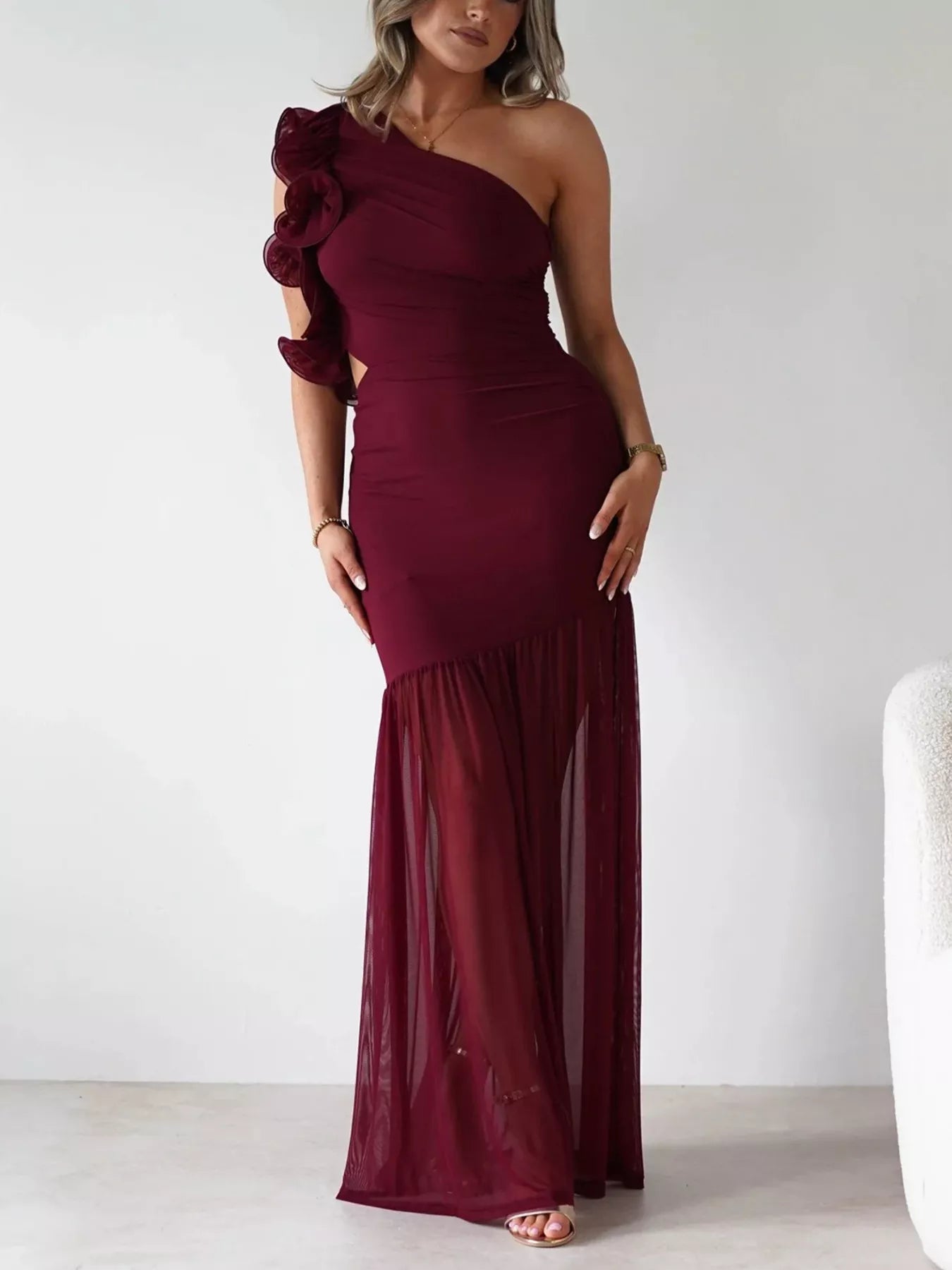 one shoulder ruffle trim dress City Studios Trendy Plus Size One-Shoulder Ruffle-Trim Glitter Gown - Teal