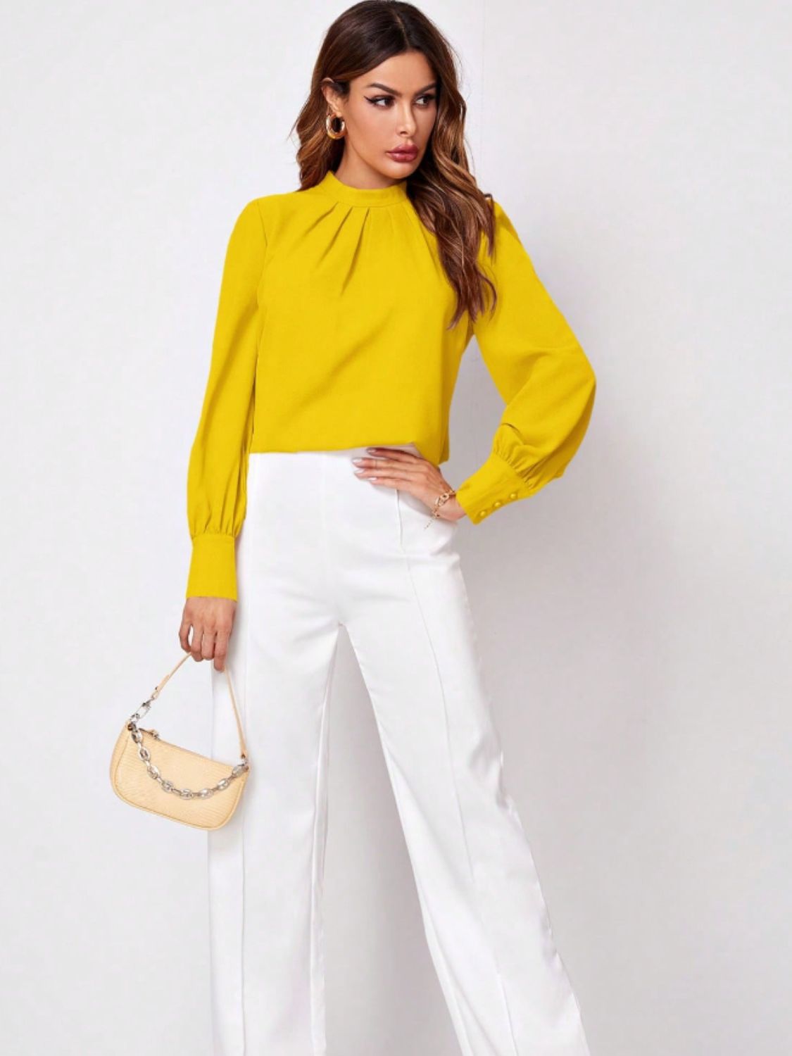 Ruched Mock Neck Long Sleeve Blouse - Body By J'ne