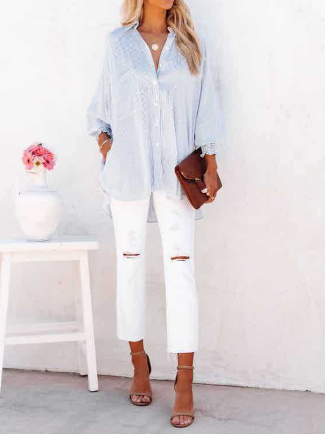 Striped Collared Neck Long Sleeve Shirt - Body By J'ne