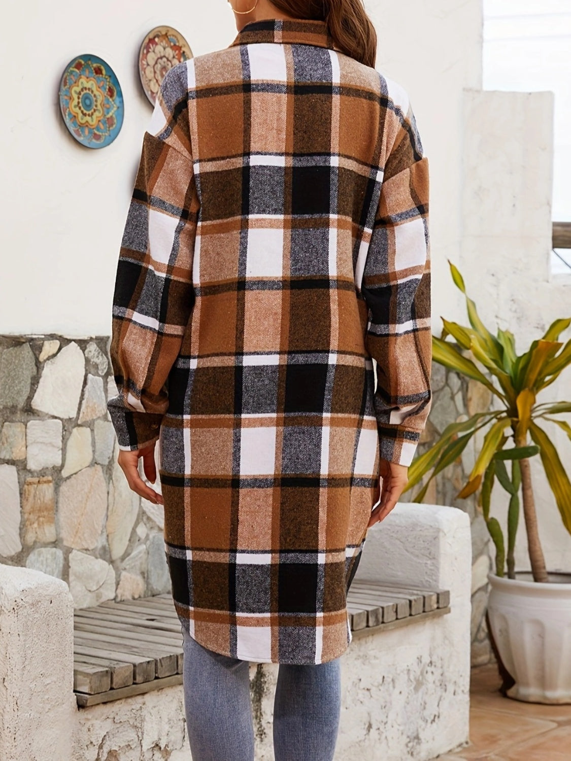 Plaid Collared Neck Long Sleeve Jacket - Body By J'ne