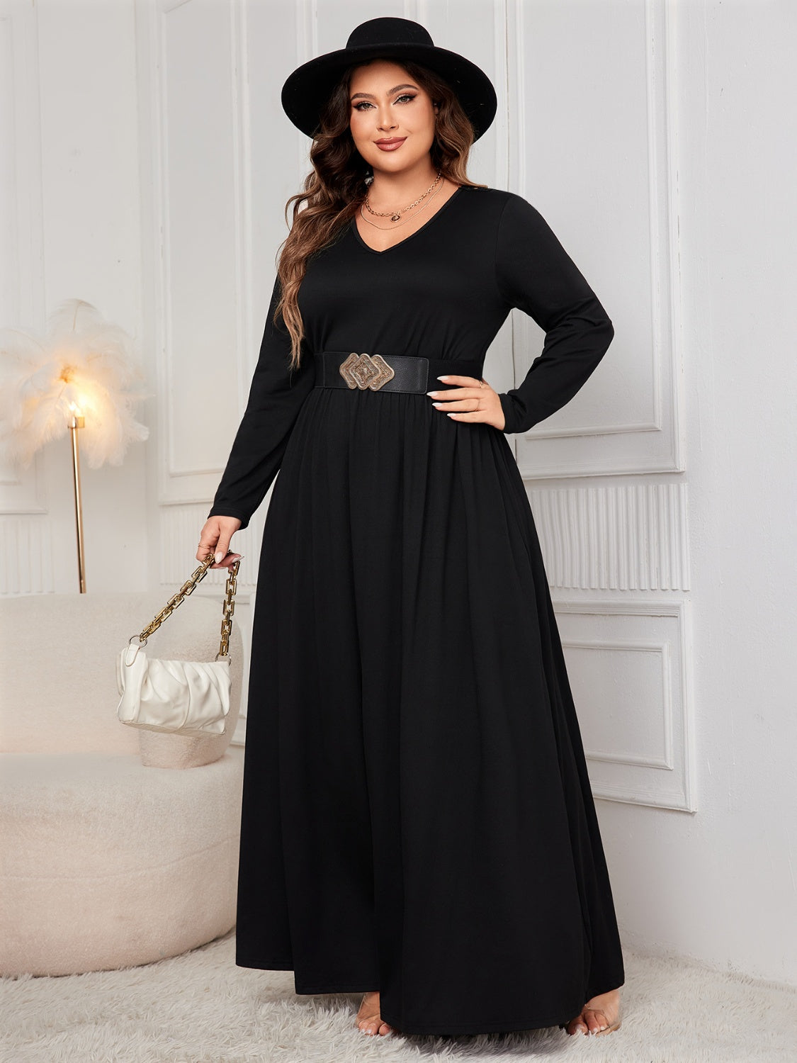 Plus Size Cutout V-Neck Long Sleeve Maxi Dress - Body By J'ne