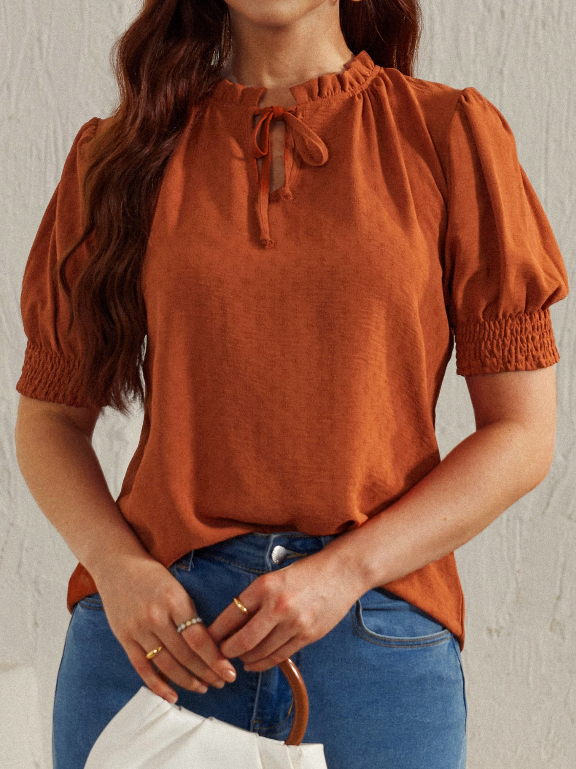 Frill Tie Neck Short Sleeve Blouse - Body By J'ne