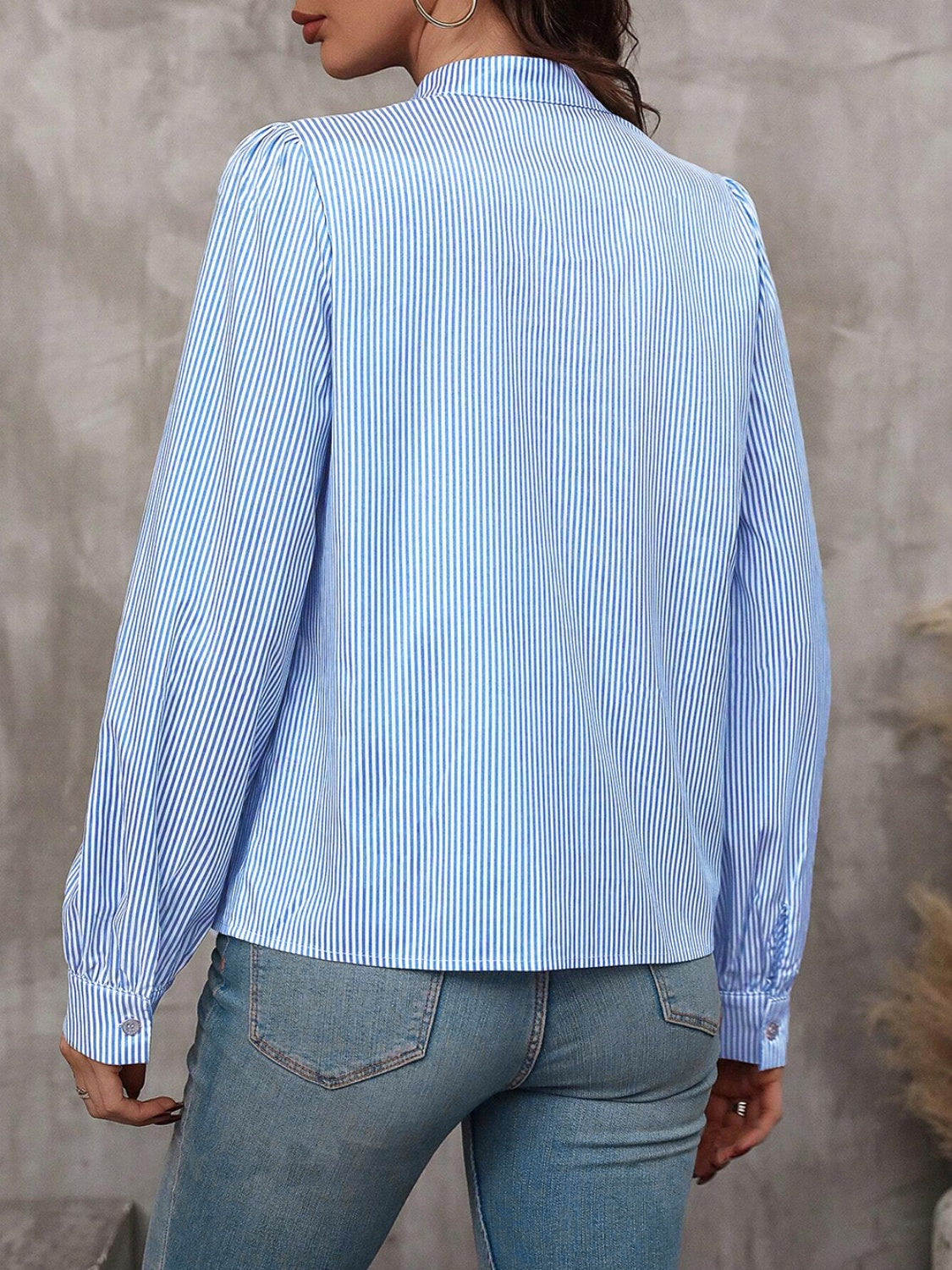 Striped Tie Neck Long Sleeve Blouse - Body By J'ne