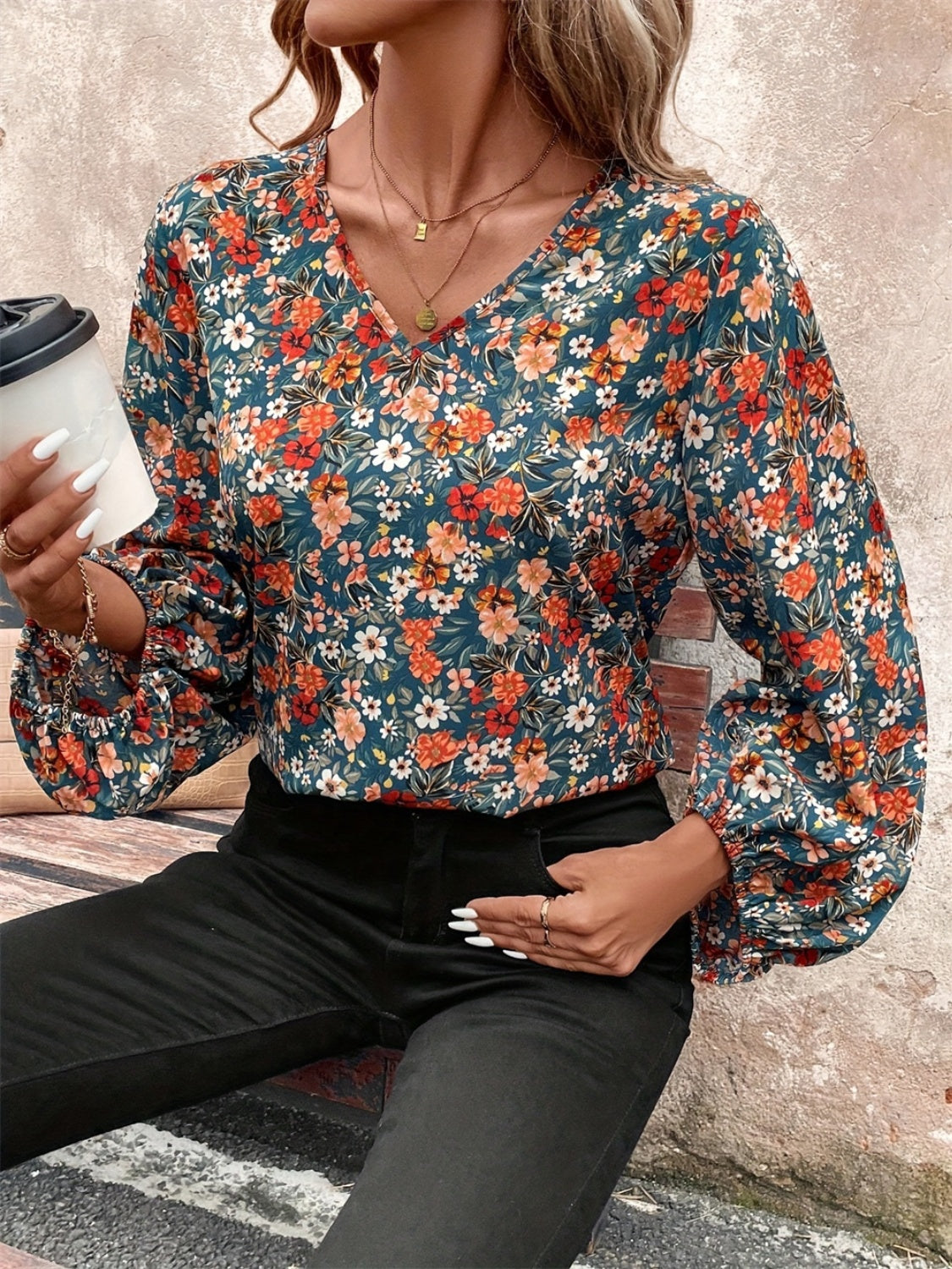 Printed V-Neck Balloon Sleeve Blouse - Body By J'ne