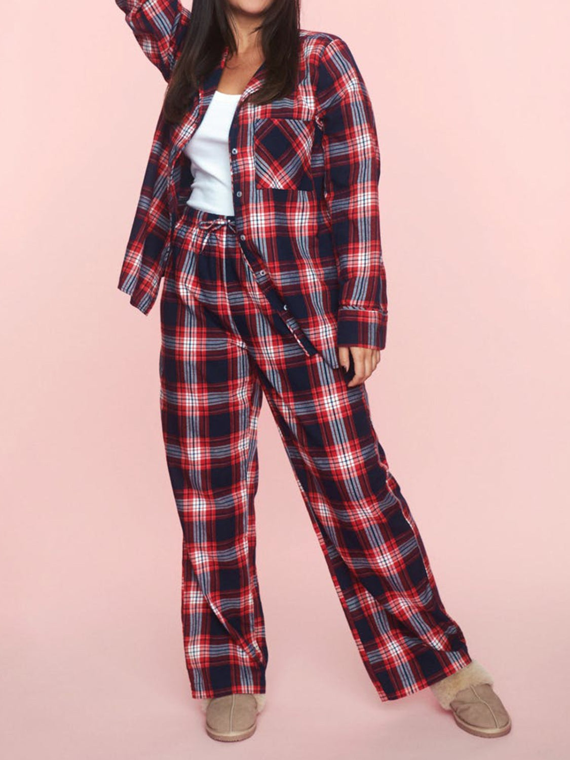 Plaid Collared Neck Button Up Top and Pants Lounge Set - Body By J'ne