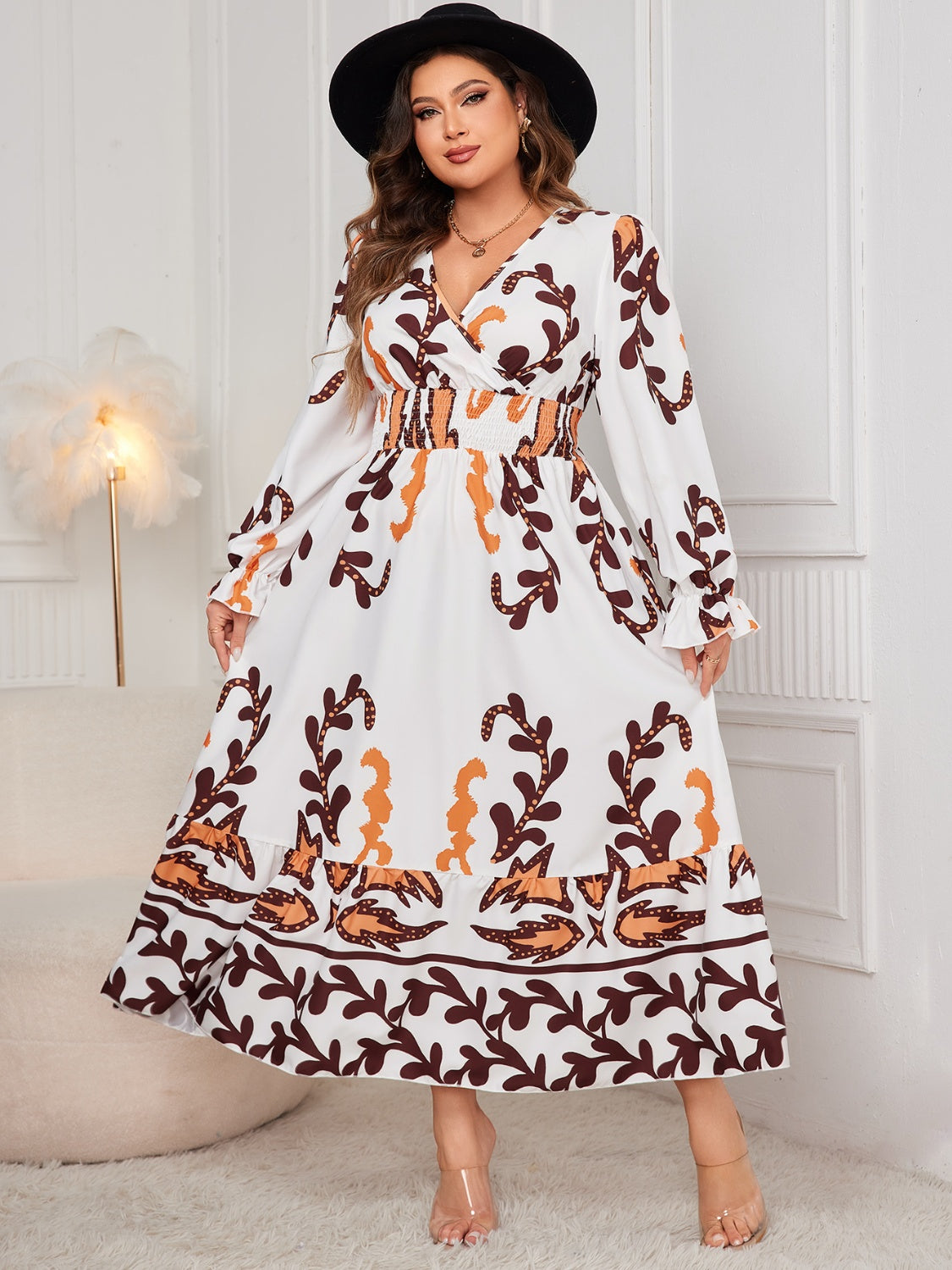 Plus Size Printed Surplice Flounce Sleeve Dress - Body By J'ne